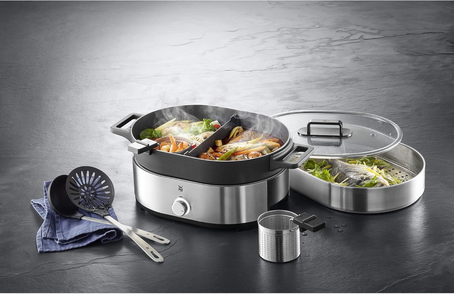 WMF Lono Hot Pot & Dampfgarer elektrisch 3,6 l, chinesisches Fondue für 6 Personen, elektrischer Dampfgarer, Dampfaufsatz für Dim Sum, Bao, Garkorb, 1700 W, Edelstahl matt – Bild 13