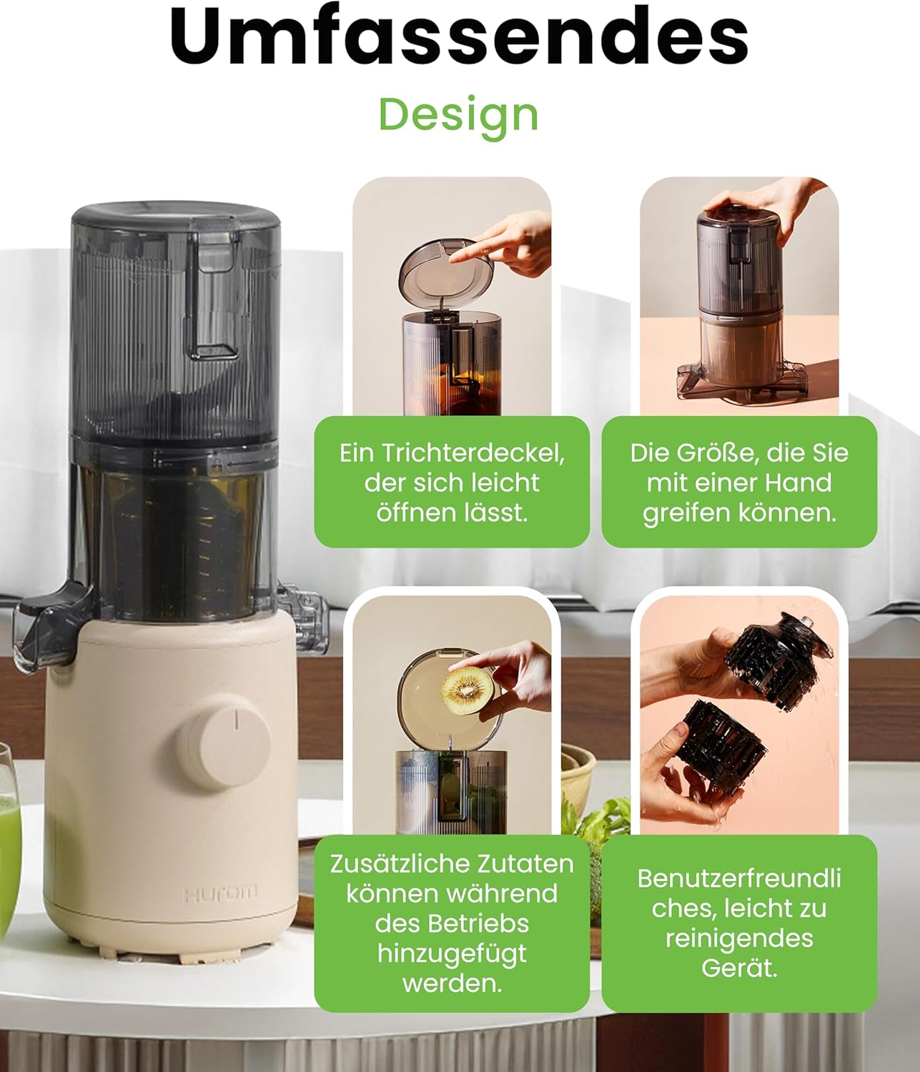 Hurom Slow Juicer | Entsafter für Gemüse und Obst | H310 | Leicht zu reinigender elektrischer Entsafter mit leisem Motor und Siebfilter | 100 Watt | BPA-frei | Schlankes Design | 220 ml, Beige – Bild 4