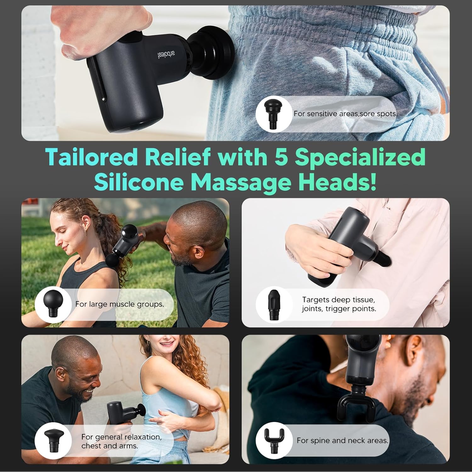 arboleaf Massagepistole, Mini-Massagepistole, tragbare Muskelpistole 0,39 kg mit 5 Silikonaufsätzen und 5 Intensitätsstufen 3200 U/min, superleises Reisemassagegerät mit Transportkoffer zur Muskelentspannung – Bild 6