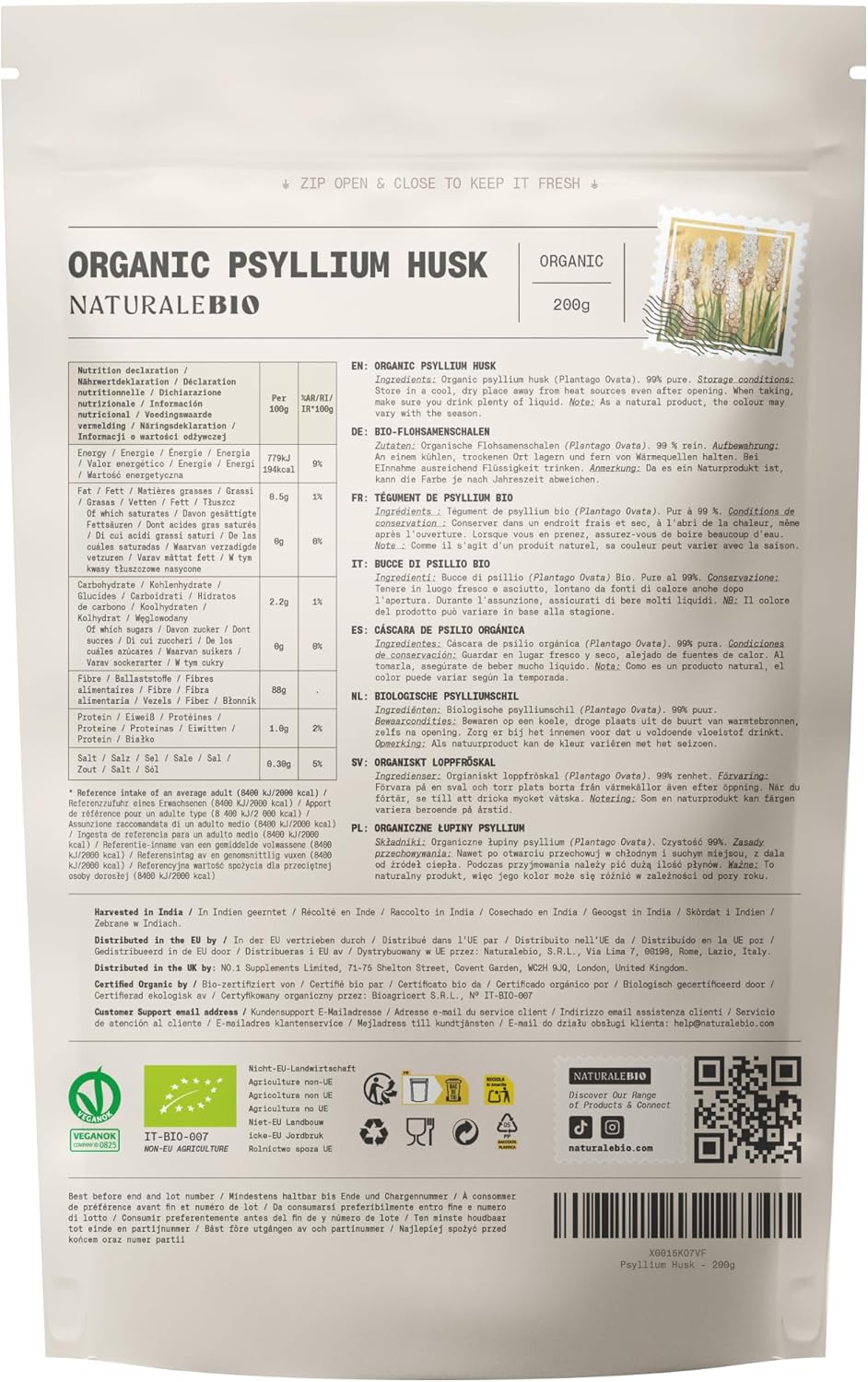 Bio-Flohsamenschalen (99 % Reinheit) 200 g. Bio-Flohsamenschalen. 100 % indisch, natürlich und rein. Ballaststoffreich und vegan, zur Aufnahme in Wasser, Getränken oder Säften. NaturaleBio – Bild 9
