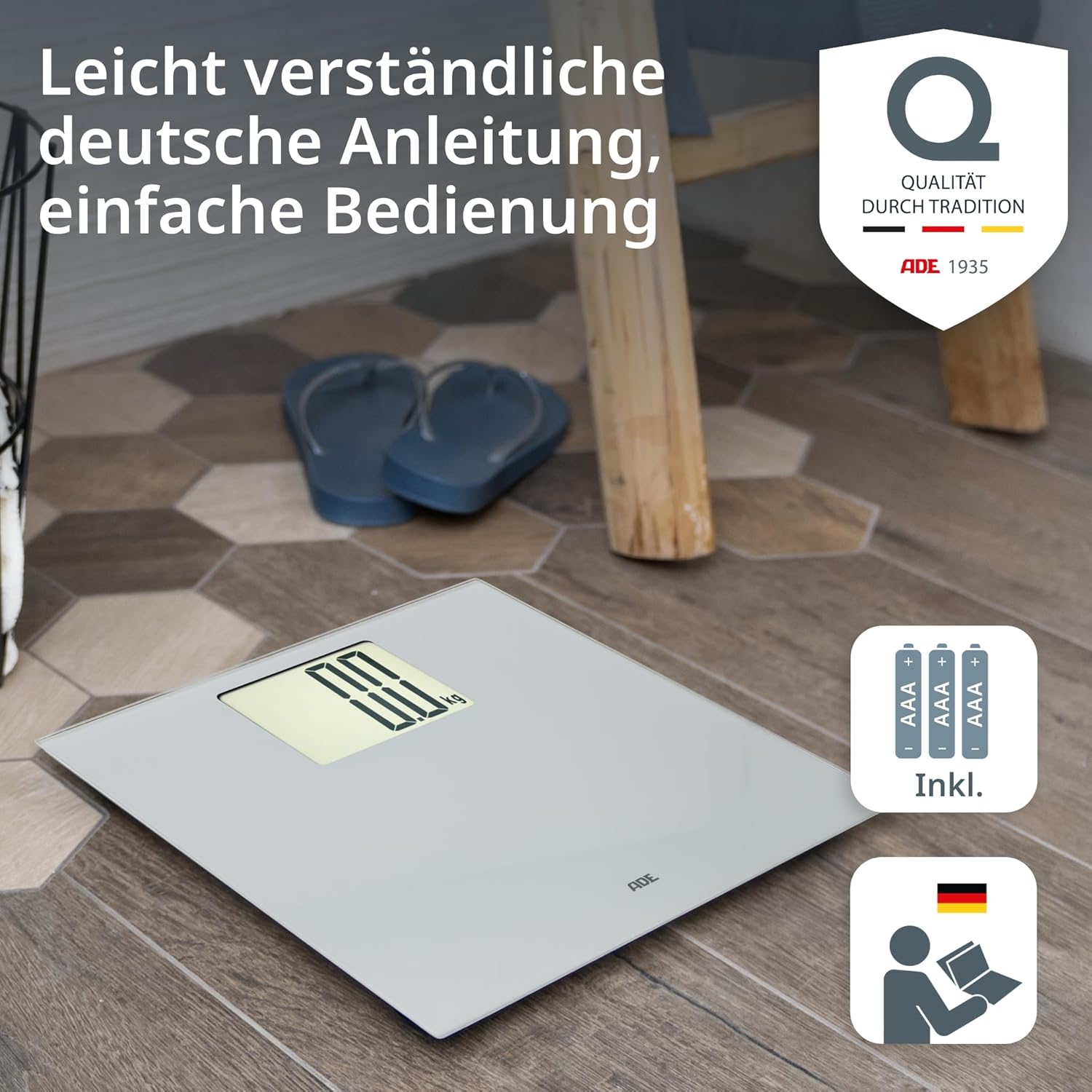 ADE Digitale Personenwaage mit XXL-Display | 200 kg Tragkraft | Besonders gut ablesbare Körperwaage | Ideal für Brillenträger, Senioren | Personenwaage Weiß – Bild 8