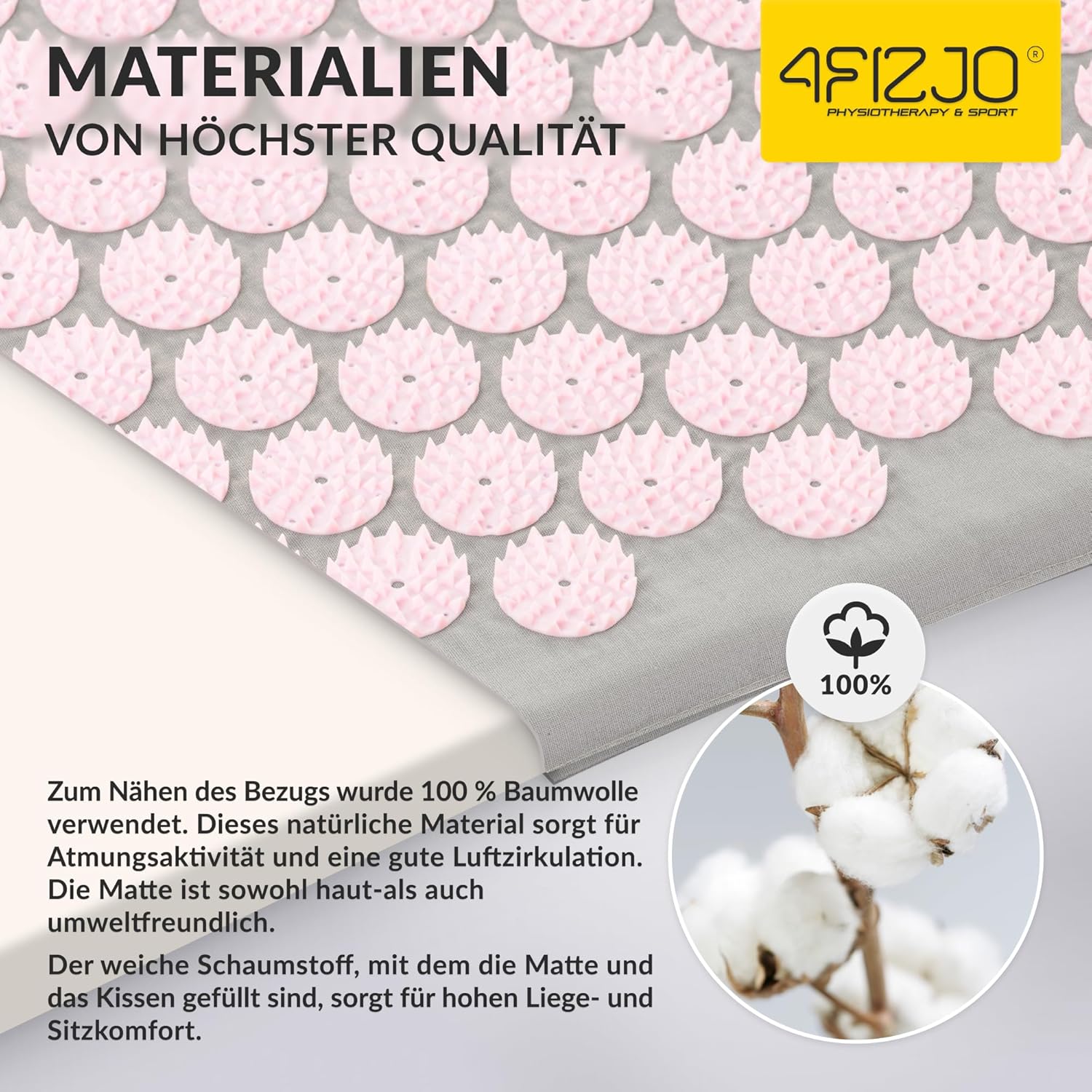 4FIZJO Akupressurmatte & Kissen XL, 110 x 42 x 2 cm, mit Tragetasche, Polyurethanschaum, hypoallergen, 15330 Spikes, Massagematte für bessere Durchblutung, Muskelentspannung, Farbe: Grau und Rosa – Bild 11