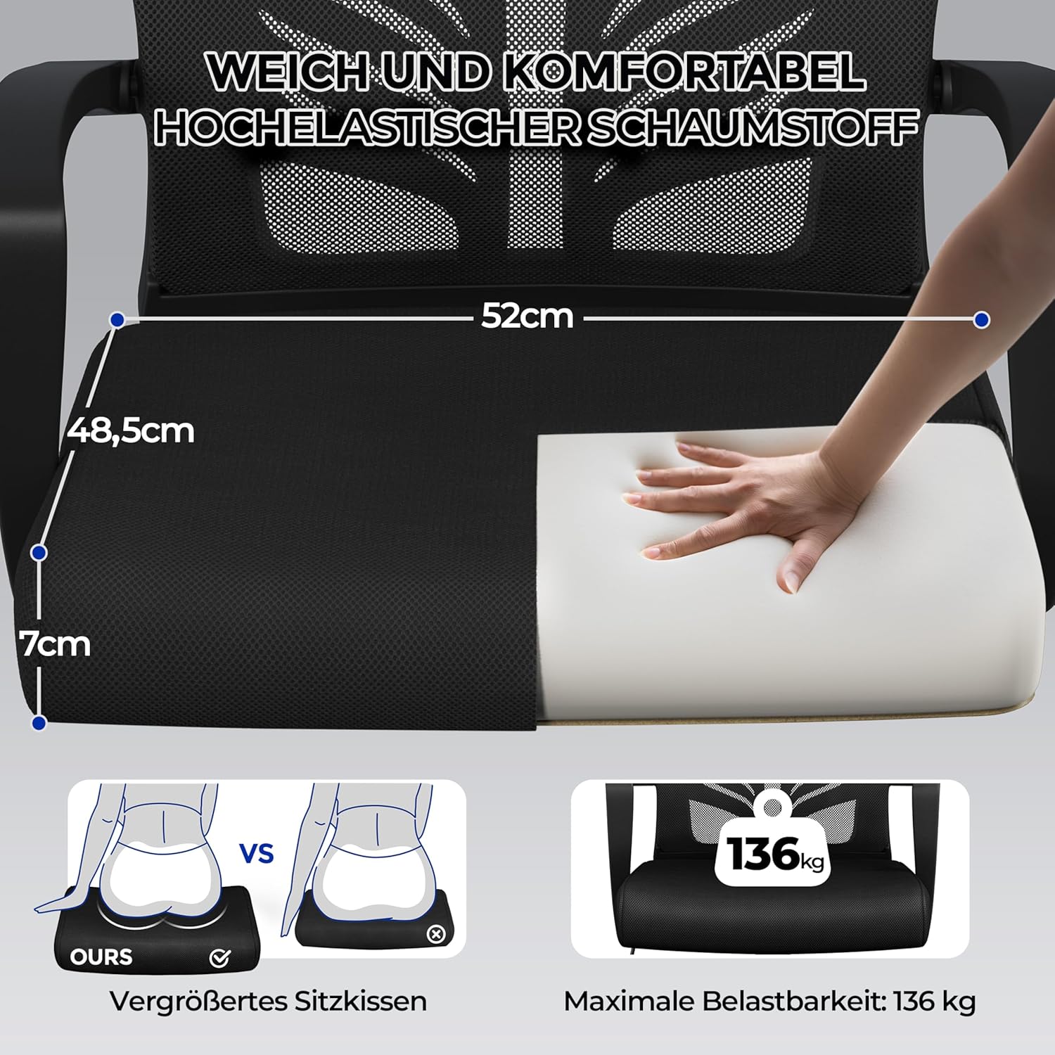 Yaheetech Bürostuhl, ergonomischer Schreibtischstuhl mit Wippfunktion, Drehstuhl mit gepolstertem Sitzkissen, Chefsessel, höhenverstellbar, für Arbeitszimmer/Büro, Schwarz – Bild 6