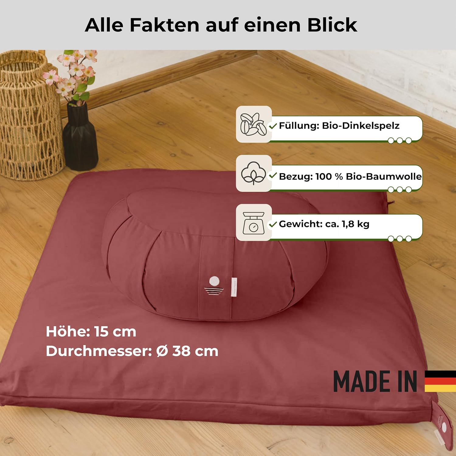 Innerer Frieden Zafu Meditationskissen | Yogakissen Bio-Dinkelfüllung | Yogakissen Halbmond | Hergestellt in Deutschland | Meditationskissen Halbmond | Waschbarer Bezug aus 100 % Bio-Baumwolle (Forest Berry) – Bild 6