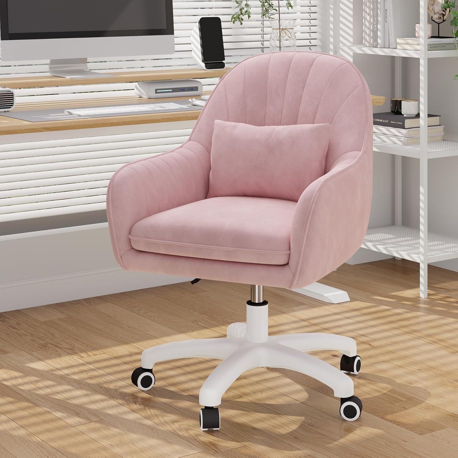 Home-Office-Stuhl, Samtstuhl mit Kissen, 360° drehbar, höhenverstellbarer Bürostuhl, ergonomisch, Schminkstuhl, Drehstuhl, für Arbeitszimmer, Schlafzimmer, maximale Belastung 120 kg, Rosa – Bild 2