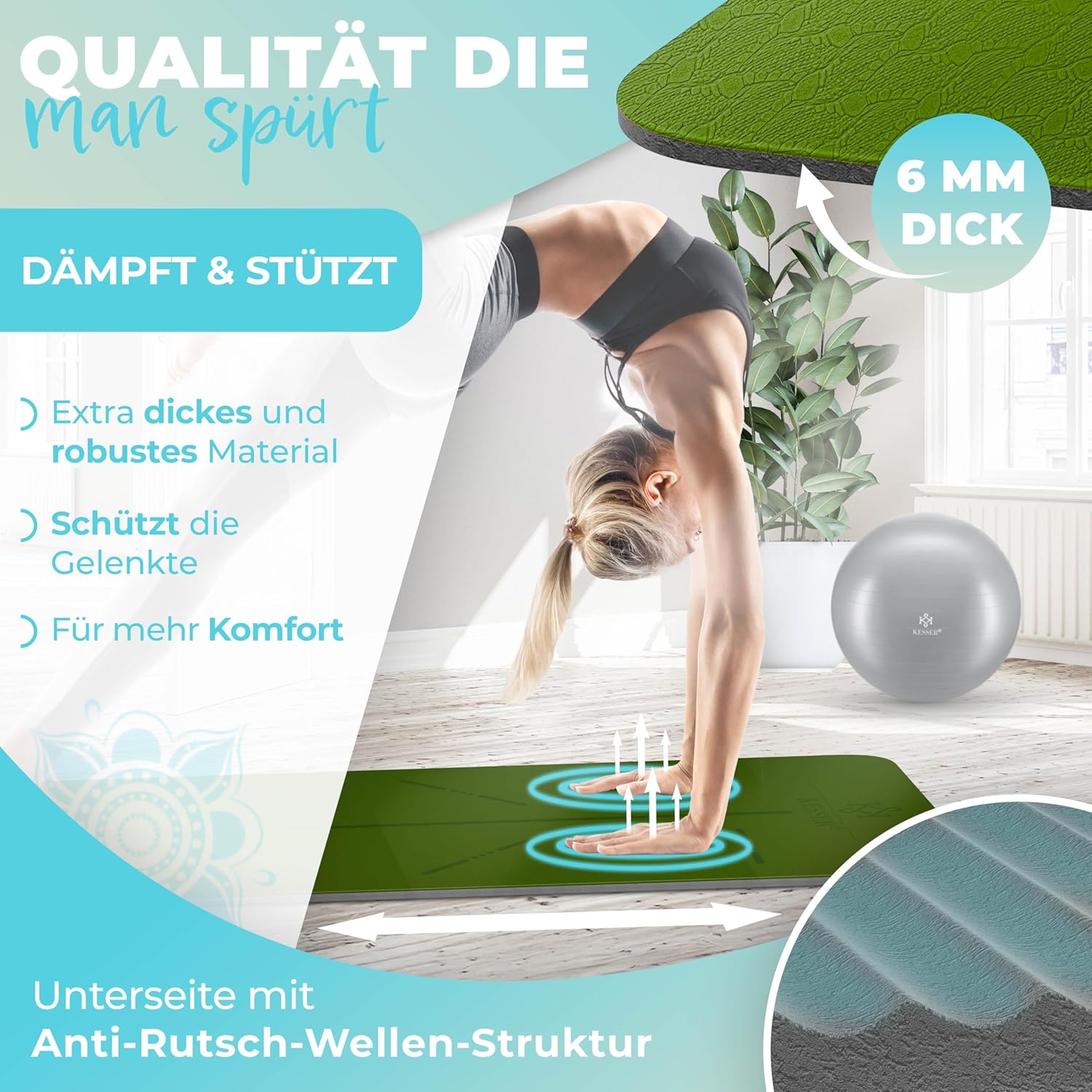 Kesser® Gymnastikmatte mit Tragegurt, rutschfeste TPE-Yogamatte, gepolsterte und rutschfeste Fitnessmatte, 183 x 61 cm, Trainingsmatte für Fitness, Sport, Pilates und Gymnastik-Workout, extra dick – Bild 3