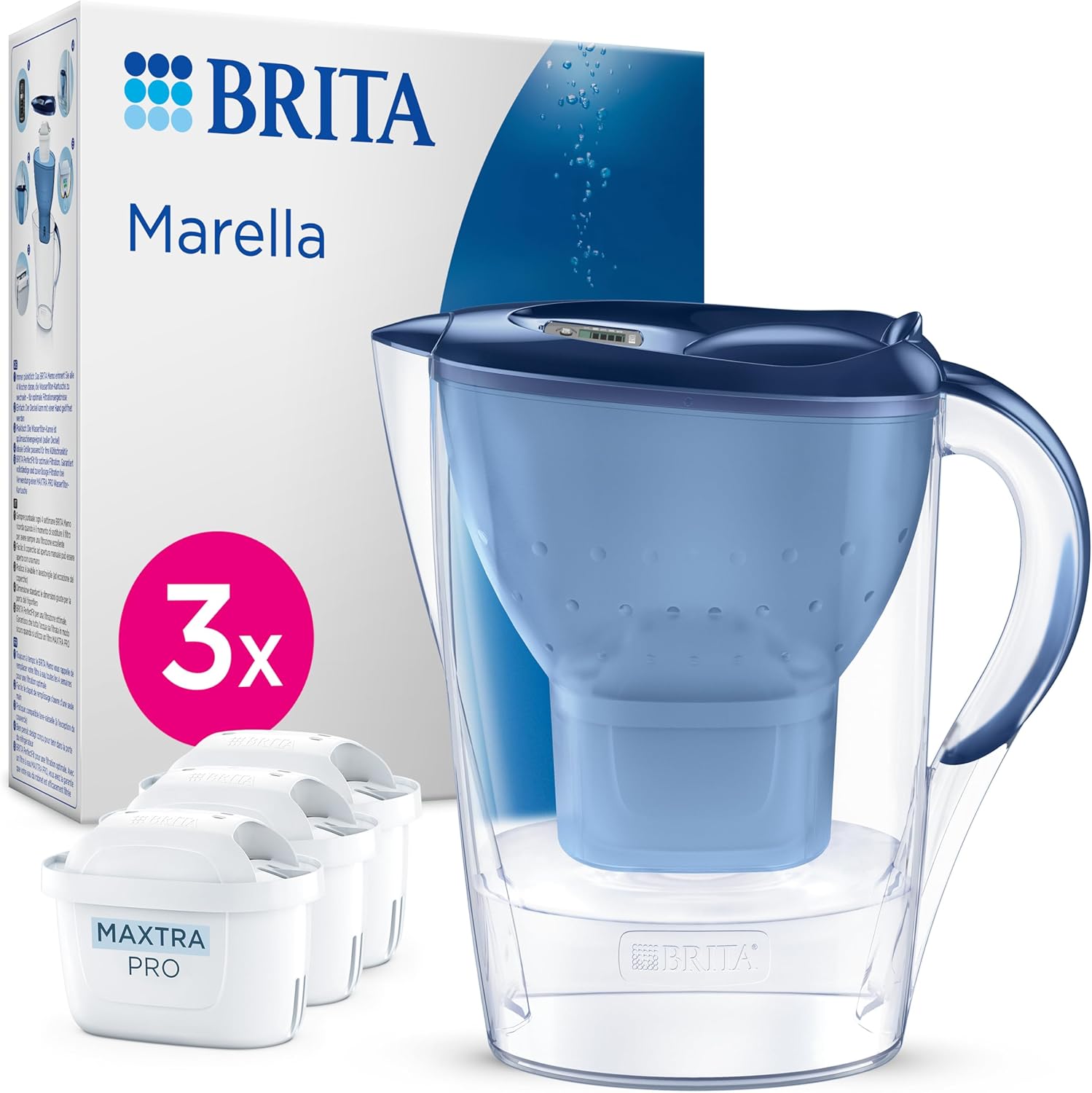 Brita Marella Wasserfilterkanne Blau (2,4 L) inkl. 3 x Maxtra Pro All-in-1-Kartusche – Filter zur Reduzierung von Kalk, Chlor, Blei, Kupfer und geschmacksstörenden Substanzen im Wasser