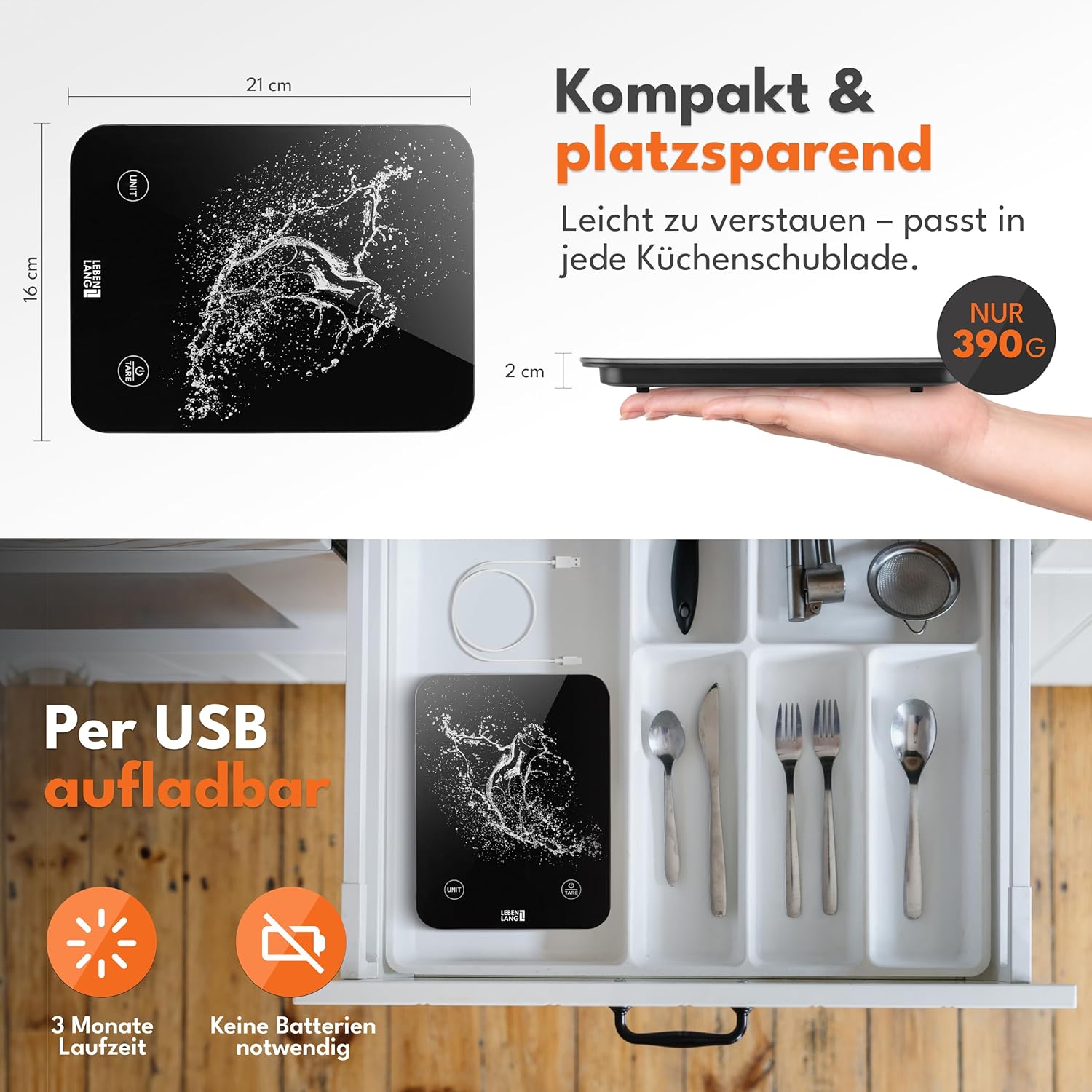 LEBENLANG Digitale Küchenwaage wasserdicht – USB wiederaufladbar & inklusive Ladekabel I bis 10 kg I Waage Küchenwaage für Lebensmittel & Küchenwaage I elektronische Kuchenwaage Digitalwaage Küchenzubehör – Bild 5