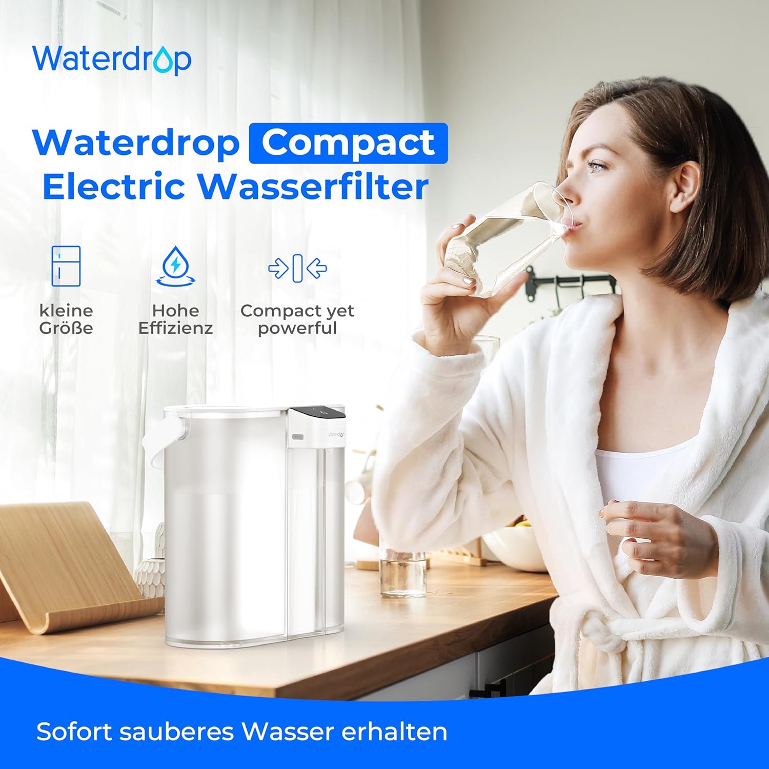Waterdrop Elektrischer Wasserfilterkrug für Kühlschrank mit 3-Monats-Filter, Aufsatz-Wasserfiltersystem, reduziert Chlor, Blei, Quecksilber, PFAS, PFOA/PFOS-Reduzierung, 757 Liter, Weiß – Bild 2