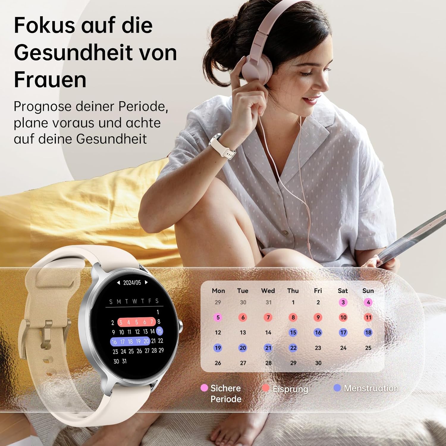 Smartwatch Damen Herren rund 1,27 Zoll AMOLED Smartwatch mit Telefonfunktion, Fitnessuhr mit Herzfrequenzmesser SpO2 Schlafmonitor Schrittzähler 120+ Sportmodi Sportuhr IP68 Wasserdicht für iOS Android Beige – Bild 6