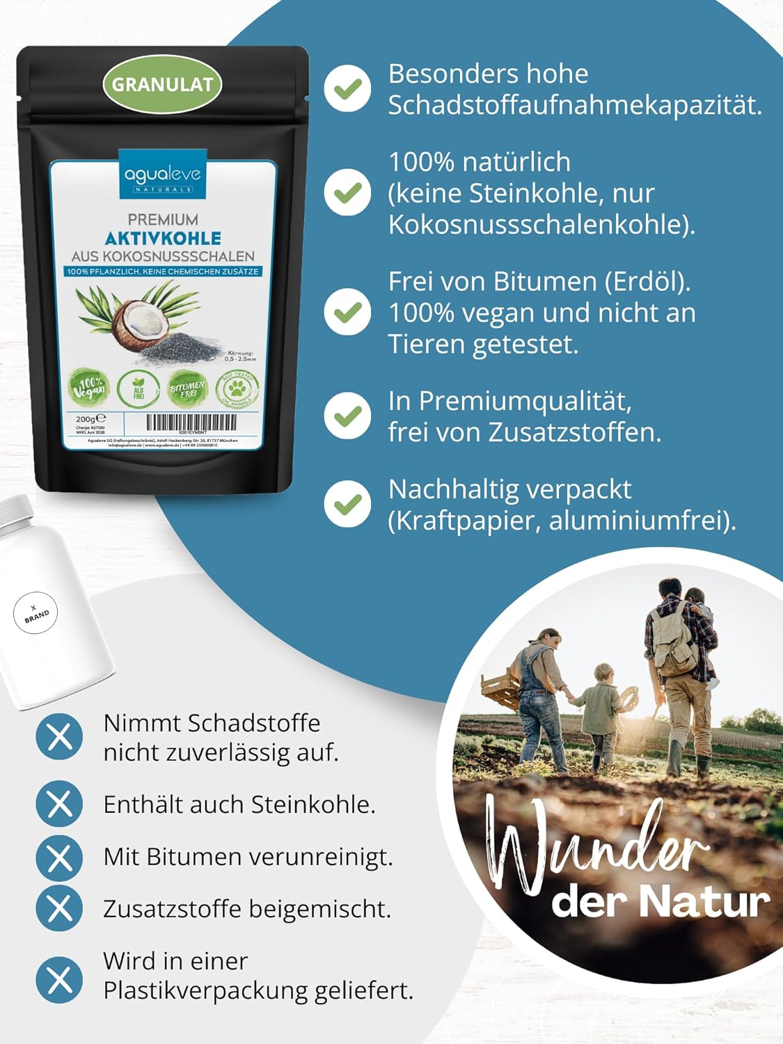 AGUALEVE Premium Aktivkohlegranulat 200 g aus Kokosnussschalen – Die Nr. 1 – Pflanzen, Katzenstreu, Aquarium, etc. – 100 % natürlich, frei von chemischen Zusätzen und Bitumen – Korngröße: 0,5 – 2,5 mm – Bild 6
