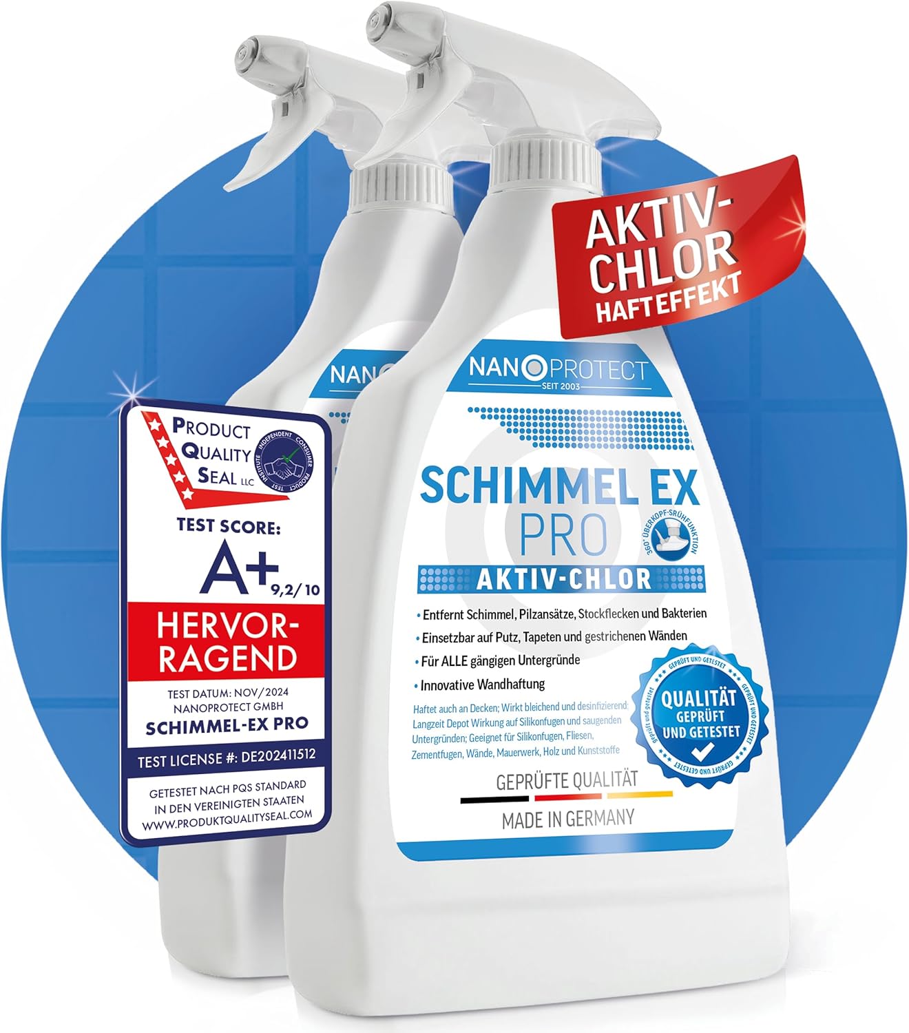 Nanoprotect Schimmelentferner, 2er-Set, extra stark durch Aktivchlor, professionelles Schimmelspray mit Haftwirkung, Anti-Schimmel, Bad, Wand, Fugenreiniger