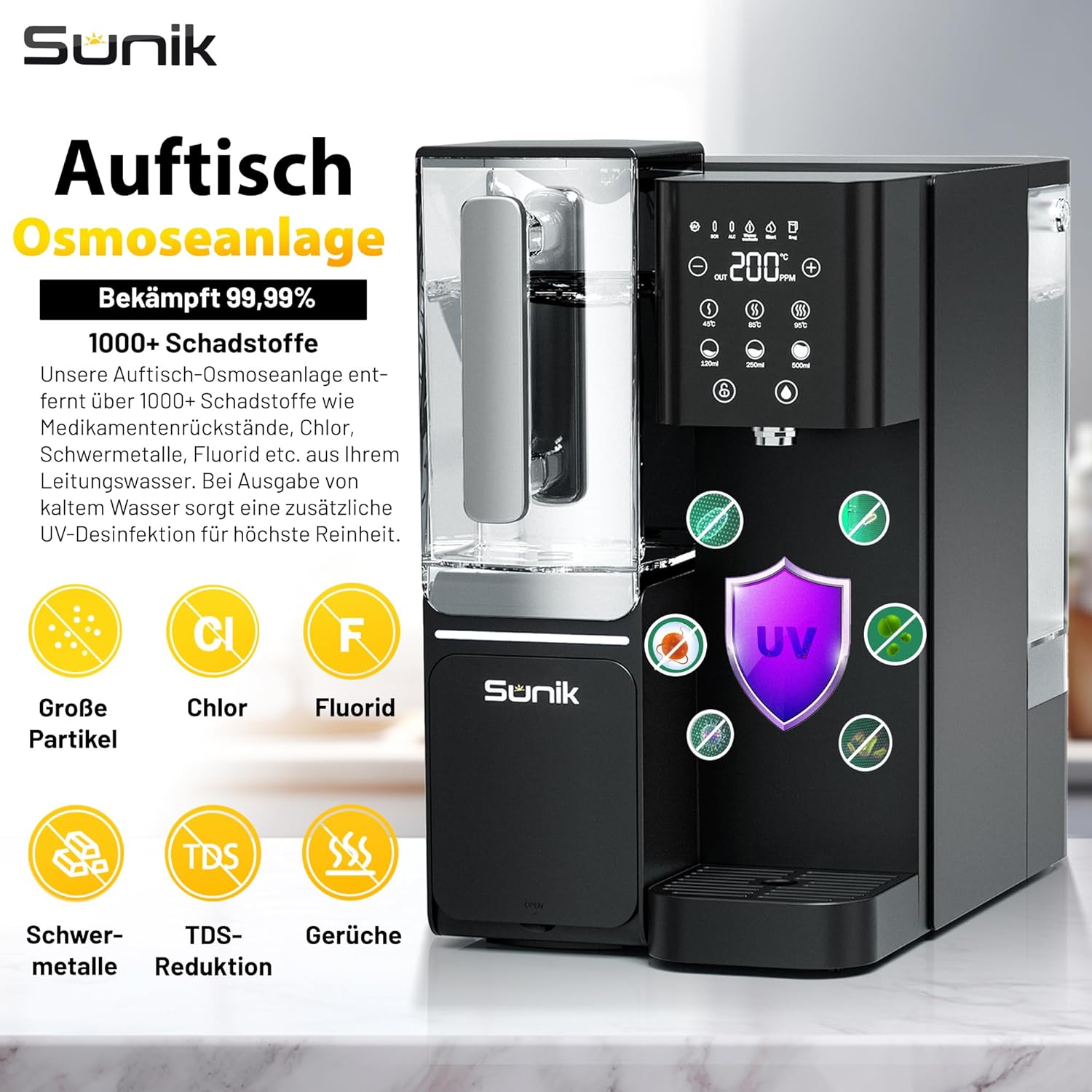 Sunik Auftisch-Osmoseanlage NC100-H Wasserfilter, Heißwasserfunktion (bis zu 100 °C), Umkehrosmoseanlage mit Tank, keine Installation, 5-stufige Filtration, TDS-Anzeige, UV-Desinfektion & Kalk – Bild 2