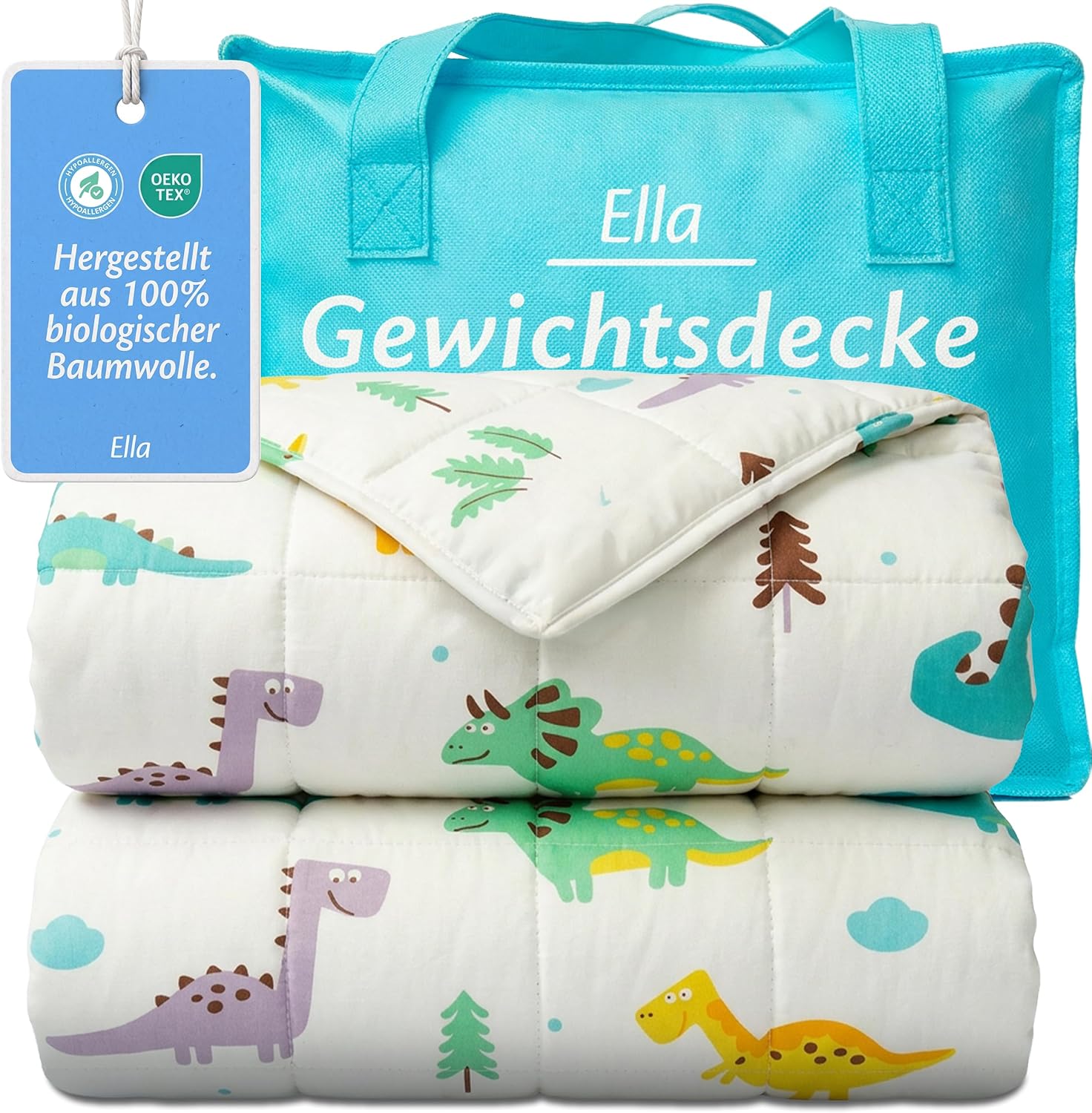 Ella Gewichtsdecke für Kinder, 2,4 kg, 90 x 120 cm – Therapiedecke zum Stressabbau und Angstzuständen, hypoallergene Glasperlen, weiche und kühlende Außenschicht aus Baumwolle für Kinder von 15–25 kg – Dino