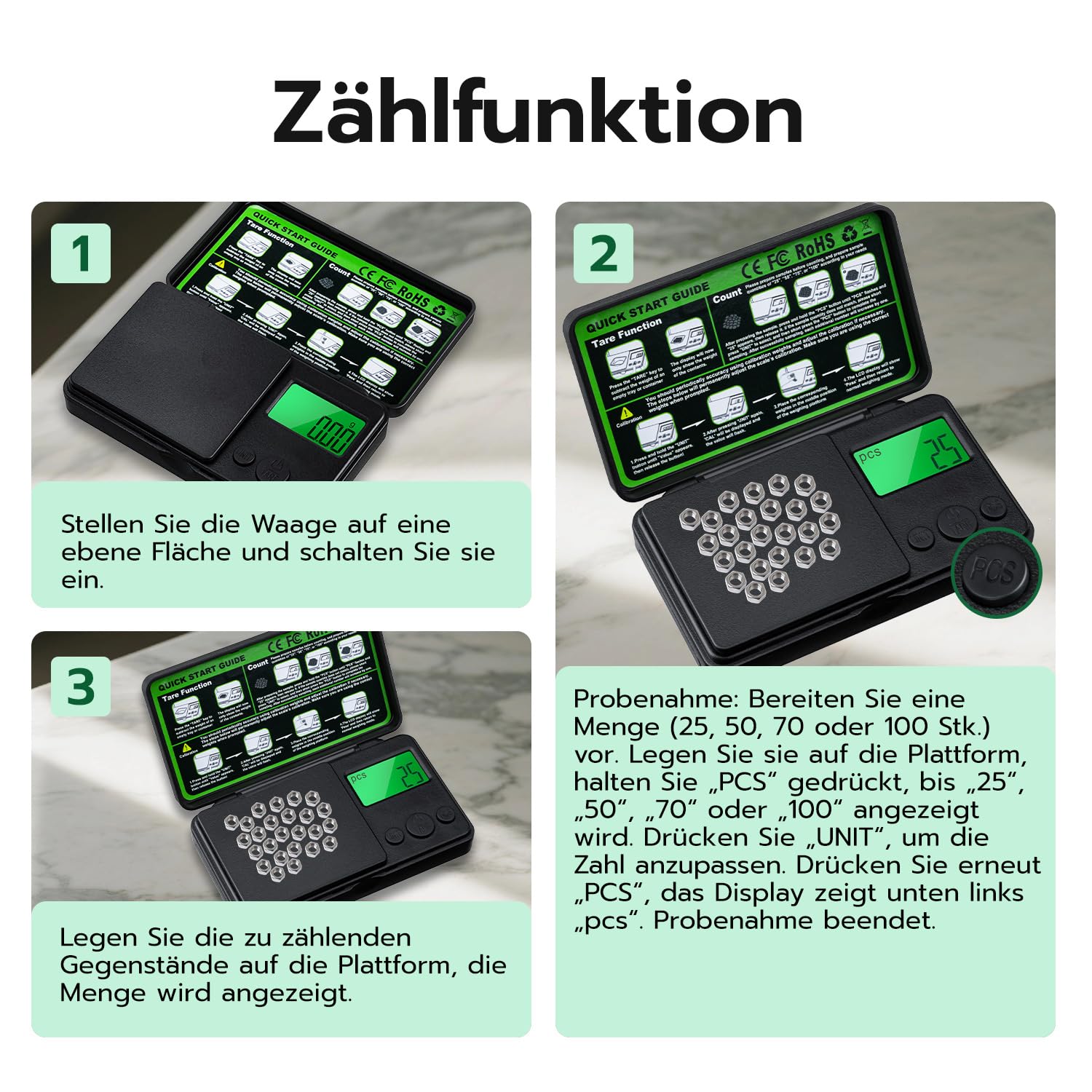 500 g/0,01 g Präzisionspräzise elektronische digitale Grammwaage, Taschenwaage mit Tara-Funktion und 7 Einheiten, LCD-Hintergrundbeleuchtung, Batterien im Lieferumfang enthalten – Bild 7