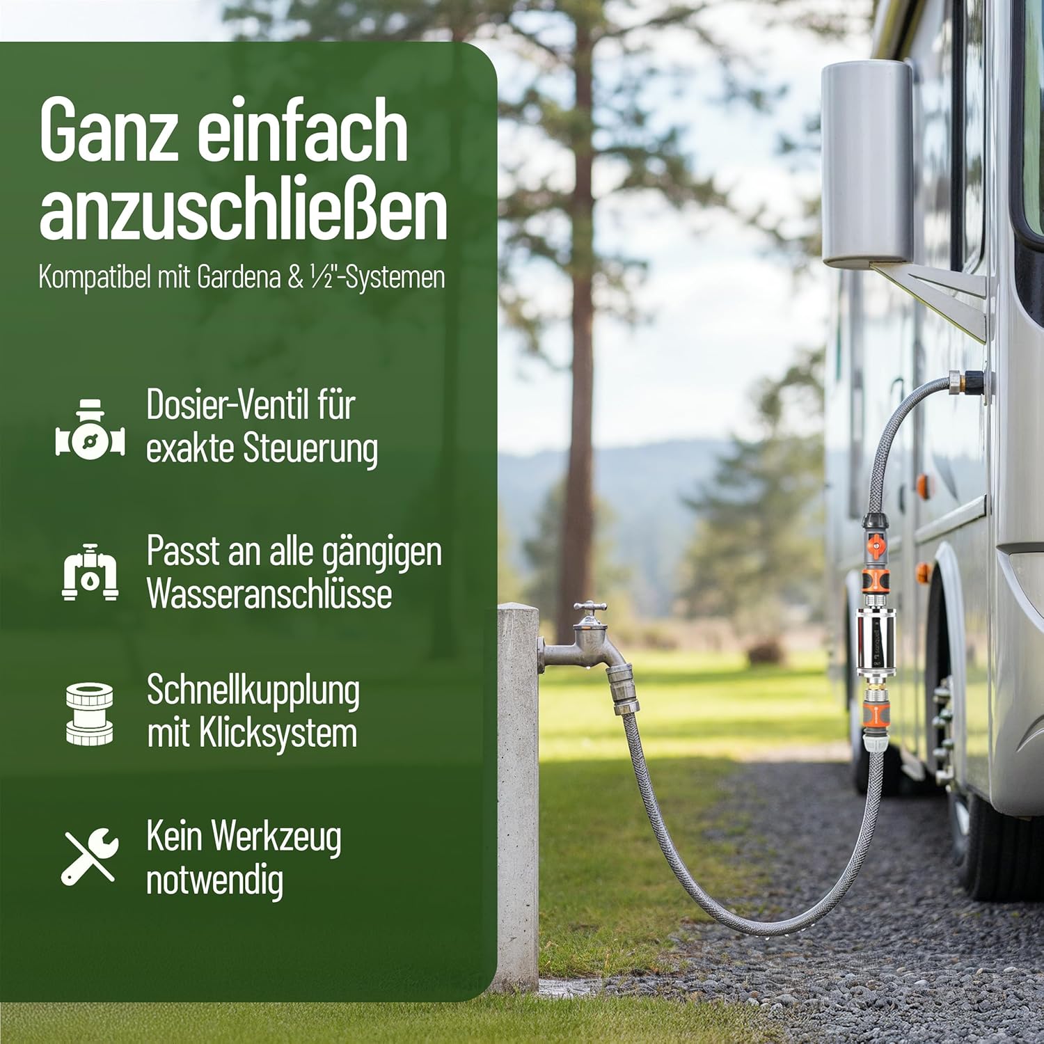 Wasserfilter Camping Wohnmobil, Caravan Explorer | Keimbarriere | Medizintechnik | Sauberes Trinkwasser für unterwegs | Einfüllfilter für Frischwassertank | Komplettset | Bis zu 8 Liter/Minute | Silber – Bild 5