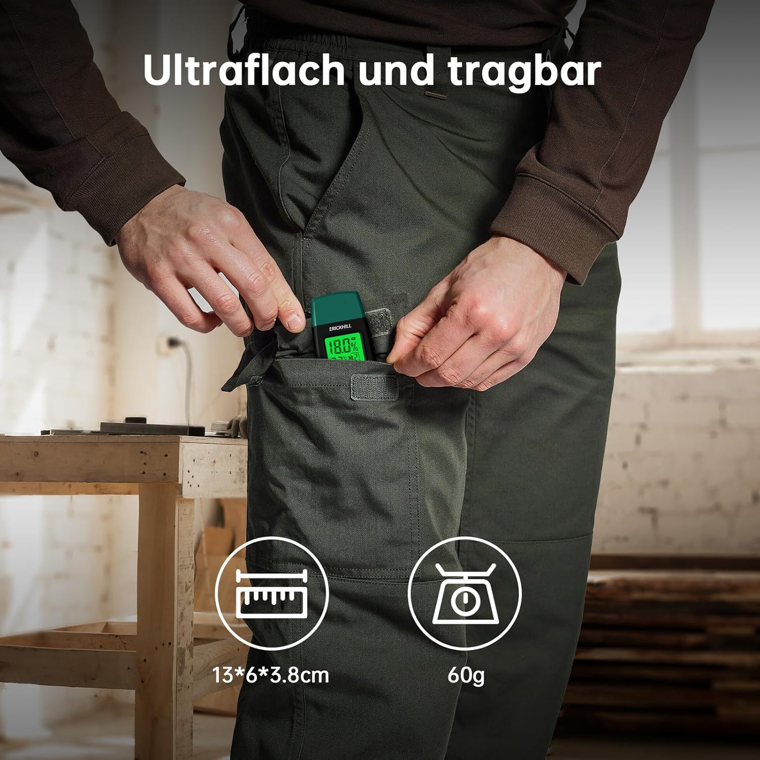 Feuchtigkeitsmesser, ERICKHILL EWM03 Stifttyp Holzfeuchtemesser mit 5 Modi, LCD-Display mit grüner Hintergrundbeleuchtung, Holz- und Baumaterial-Schimmeldetektor – Bild 6