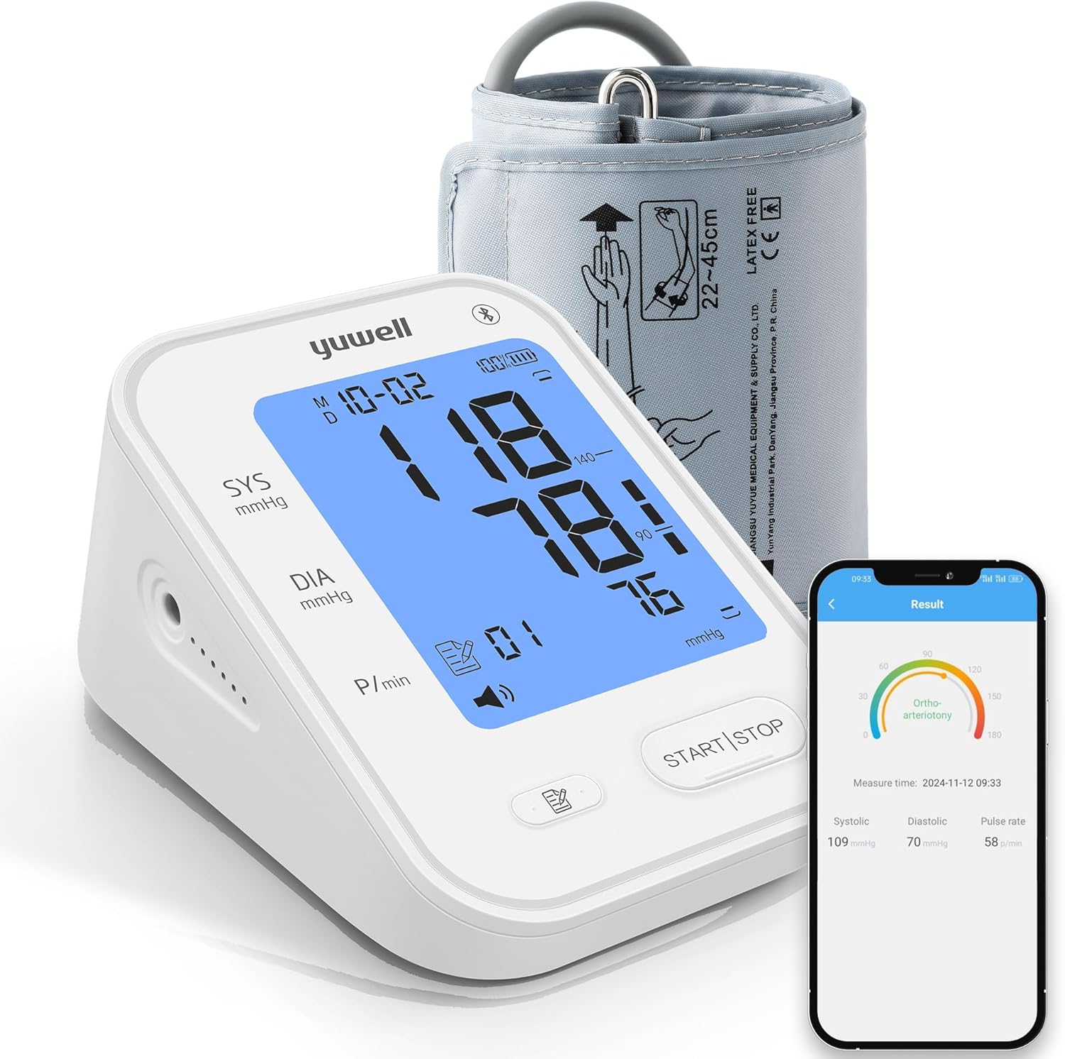 yuwell Intelligentes Oberarm-Blutdruckmessgerät mit Bluetooth, Manschette für 22-45 cm, Sprachübertragung, hintergrundbeleuchtetes Display, wiederaufladbarer Akku, App für iOS & Android (YE650AR)