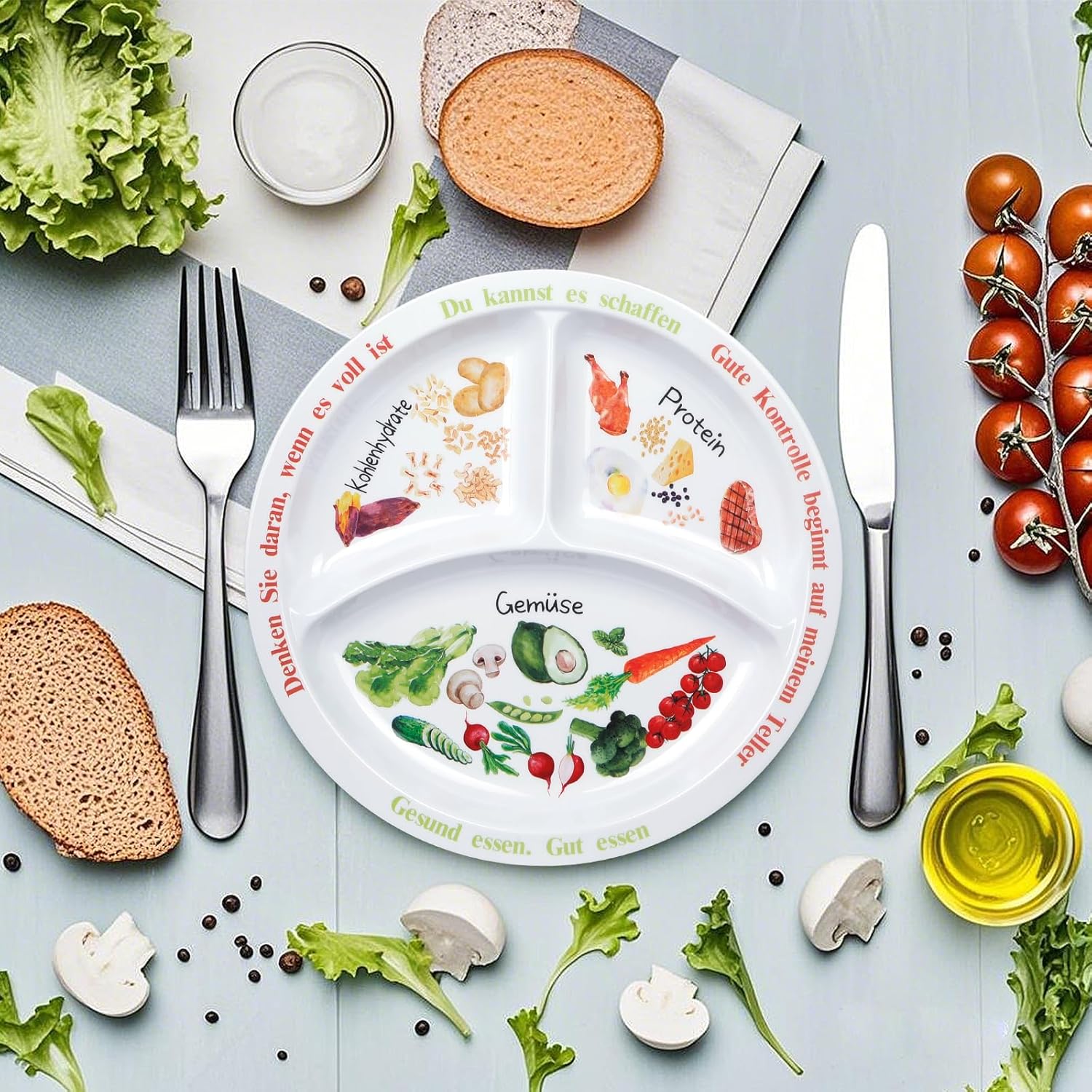 Portionskontrollteller für ausgewogene Ernährung – Teller für gesunde Ernährung für Erwachsene und Jugendliche – Melamin-Unterteilung, Teller zur Gewichtsreduktion, Diabetes (2) – Bild 3