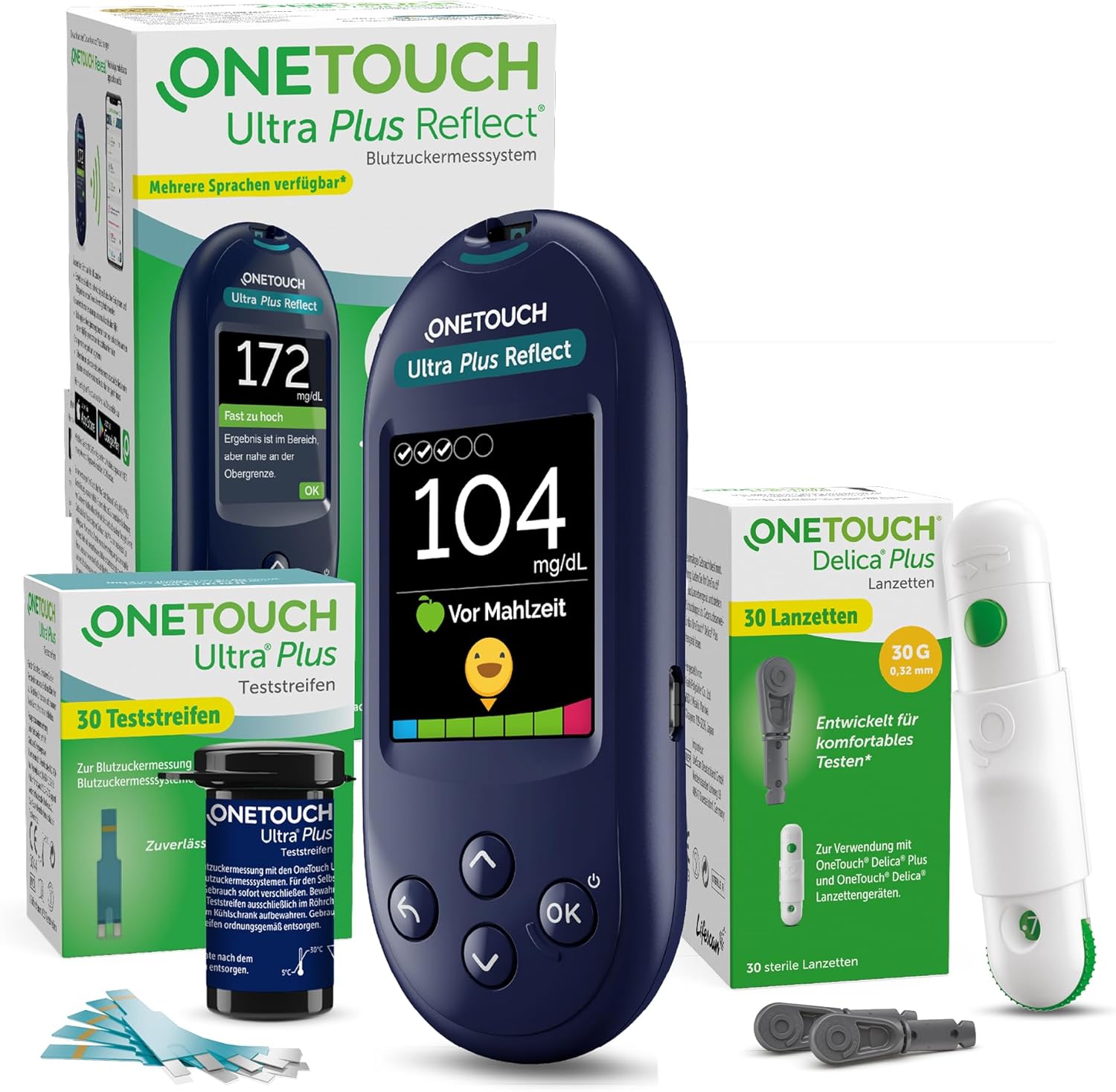 OneTouch Ultra Plus Reflect Blutzuckermessgerät-Set – Starter-Set Diabetes mg/dL – inklusive 40 Teststreifen & 40 Lanzetten – präzise Messung, einfache Handhabung – Stiftung Warentest SEHR GUT (1,5)
