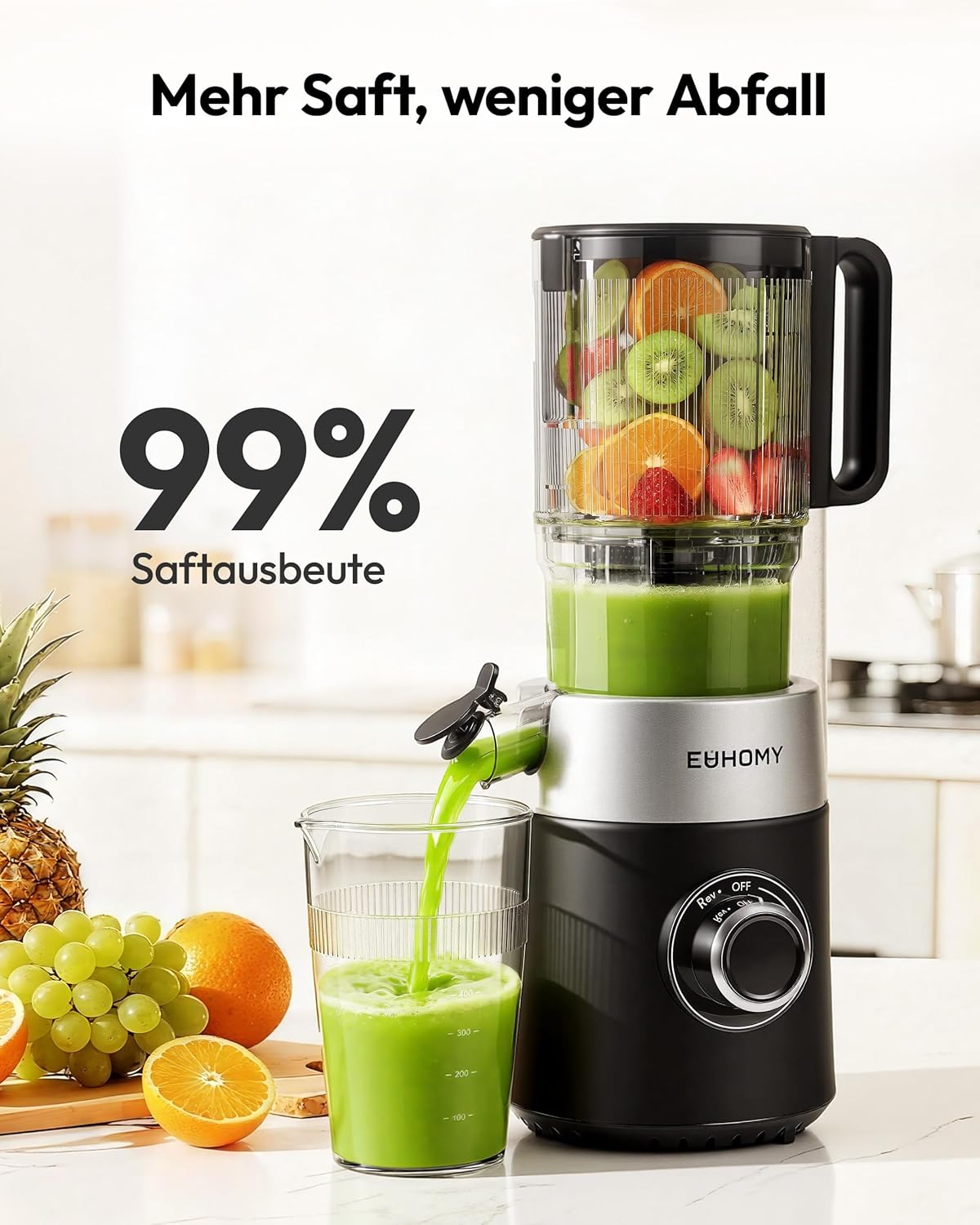 EUHOMY Entsafter, Slow Juicer, Entsafter Gemüse und Obst, Testsieger mit 135 mm Einfüllöffnung, 1,8 l Fassungsvermögen, 2 Tassen, elektrischer Entsafter, Schwarz Silber – Bild 4