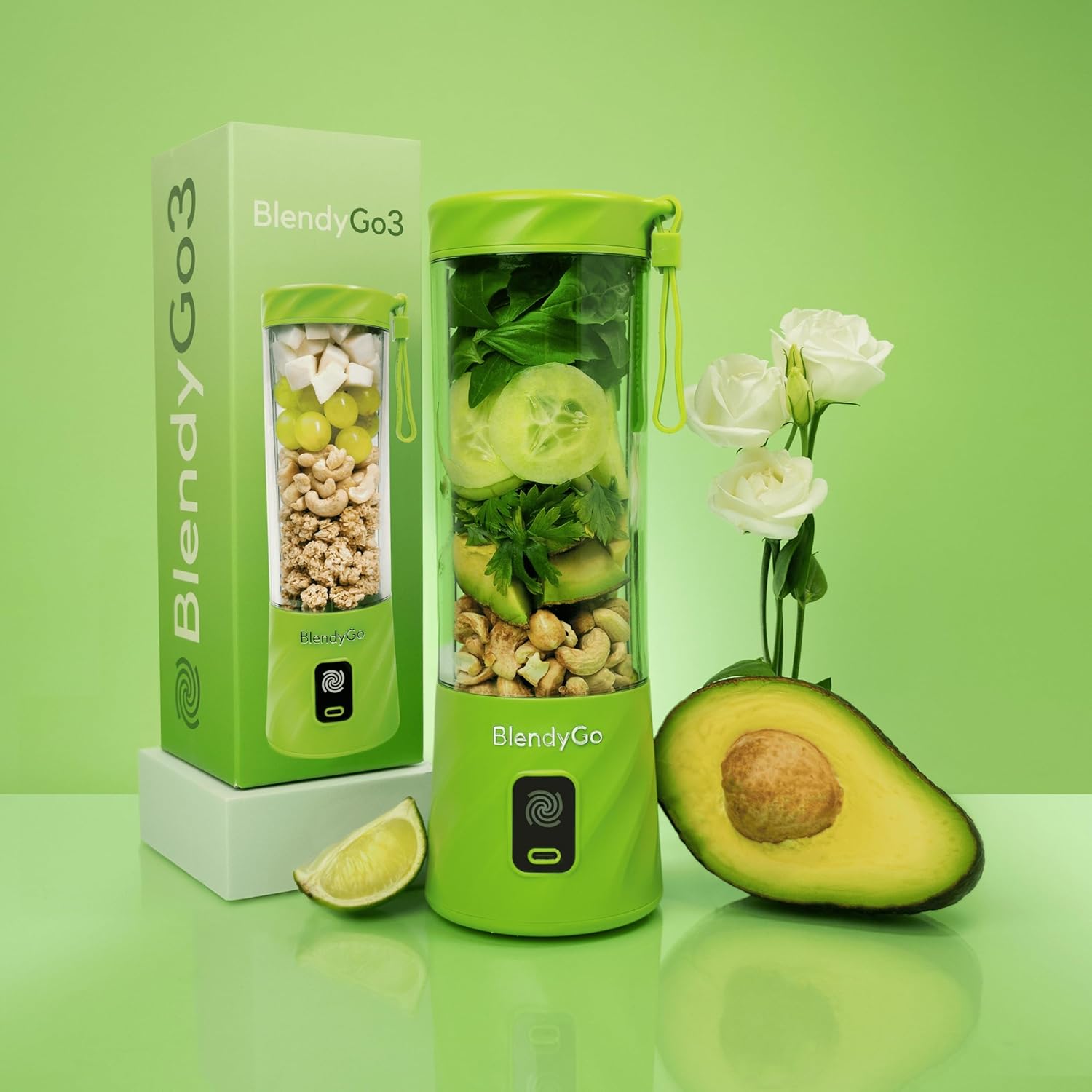BlendyGo 3 Tragbarer Mixer, Mixer, Mini-Standmixer, 550 ml, Smoothie-Maker, Blender Smoothie-Maker to Go, kabellos, zerkleinert Eis und Obst, BPA-frei, PulseMotion & BlendPro (grün) – Bild 2