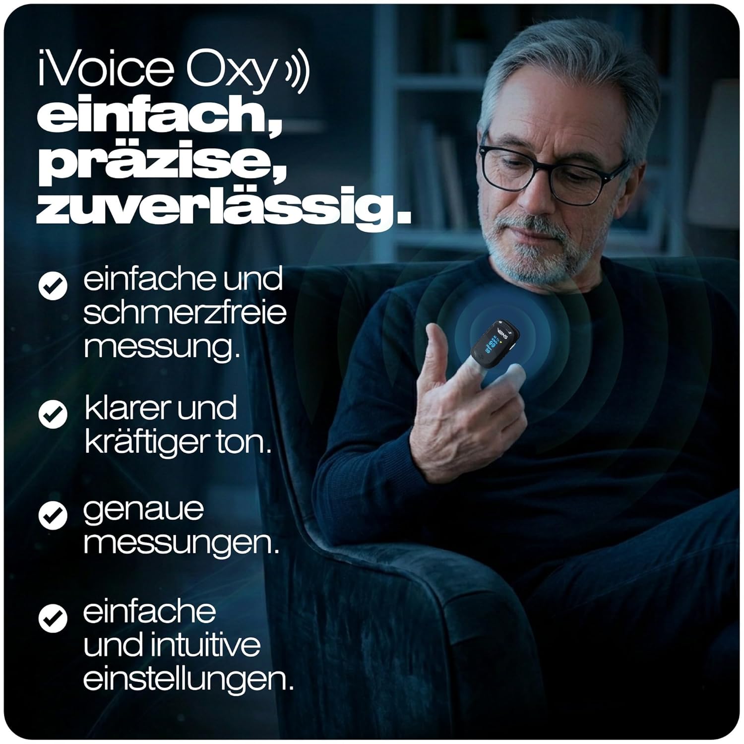 iVoice Oxy Sprechendes Pulsoximeter mit Sprachfunktion, Misst SpO₂ & Herzfrequenz, Mehrsprachig, Automatische Wiederholung, Lautstärke Einstellbar, Inkl. Batterien – Bild 6
