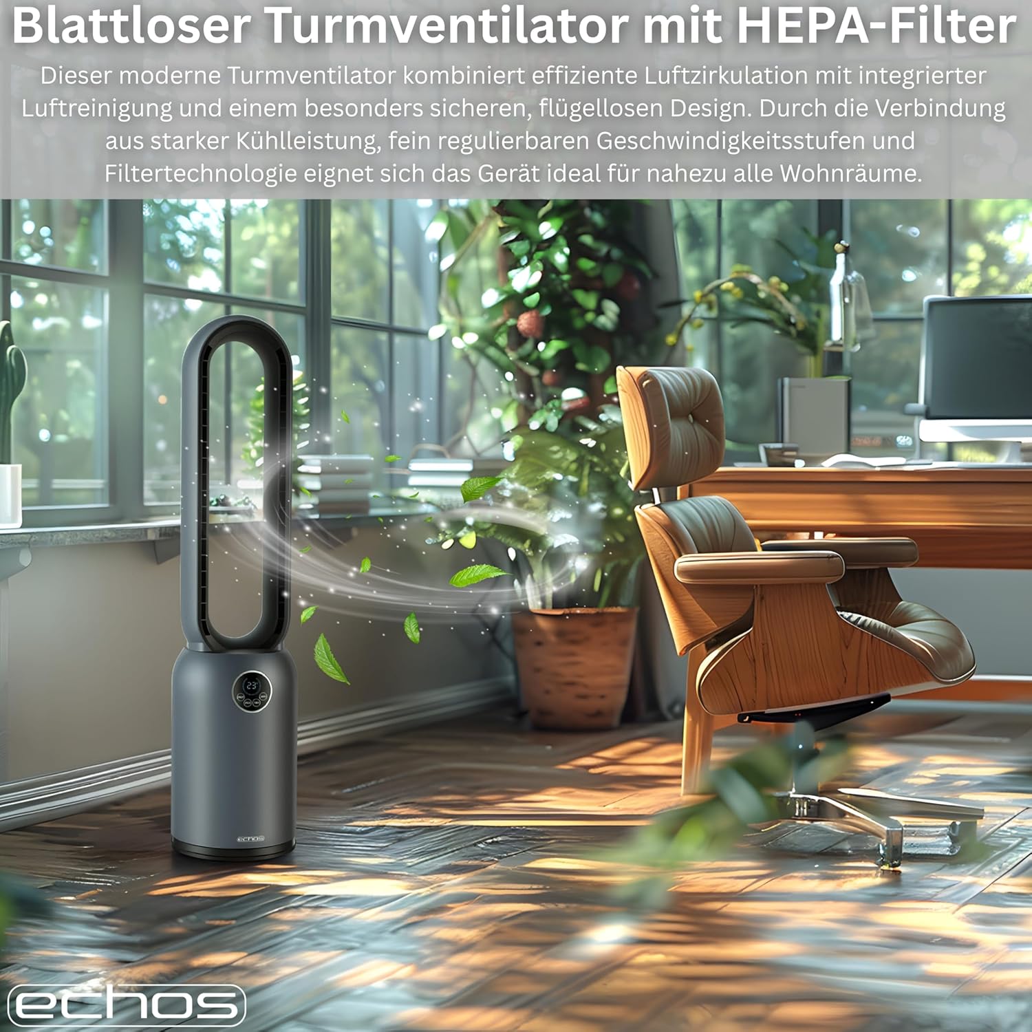 Echos Turmventilator, sehr leiser Standventilator, energiesparender Standventilator mit Fernbedienung, Ventilator mit Kühlung, oszillierender 24-Stunden-Timer, Luftreiniger mit hohem Luftdurchsatz und HEPA-Filter – Bild 2