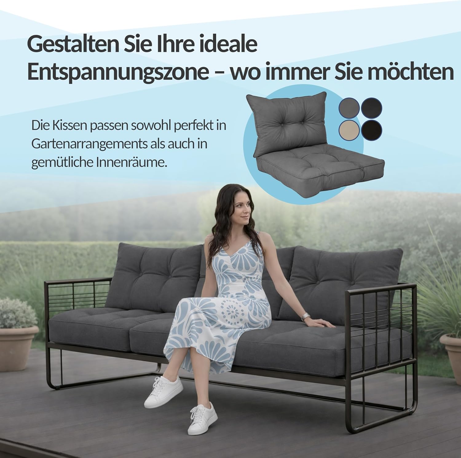 POKAR 1 x Sitzkissen 50 x 50 x 10 cm + 1 x Rückenlehne 50 x 40 x 10 cm, wasserabweisende Outdoor-Lounge-Kissen für Gartenstühle und Rattanmöbel, Öko-Tex-zertifiziert, hergestellt in der EU, Anthrazit – Bild 2
