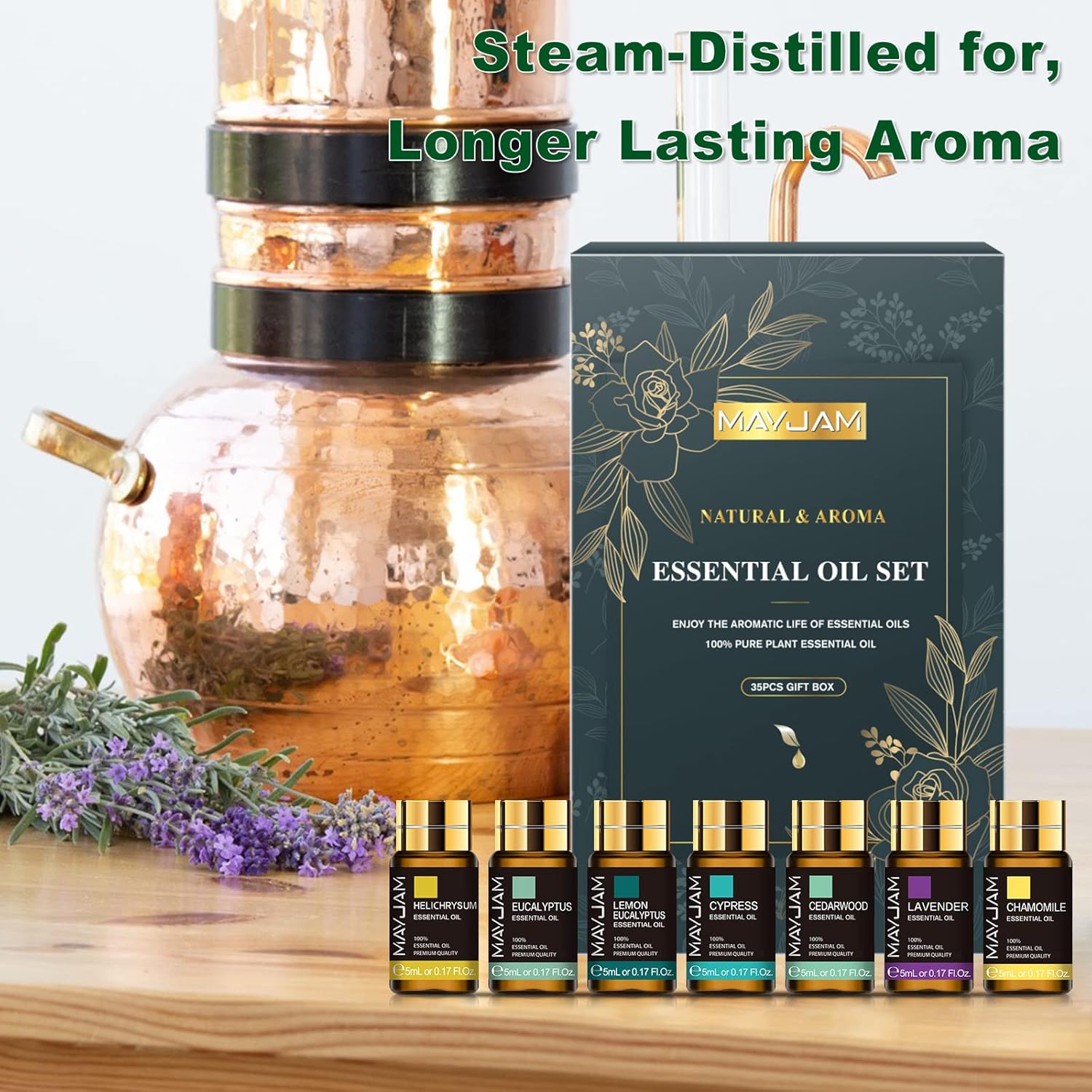 MAYJAM Set mit ätherischen Ölen 35 x 5 ml, ätherische Öle für Diffusor, Aromatherapie-Duftöl-Geschenkset, natürliches reines ätherisches Öl Lavendel, Eukalyptus, Vanille, Rose, Teebaum – Bild 3