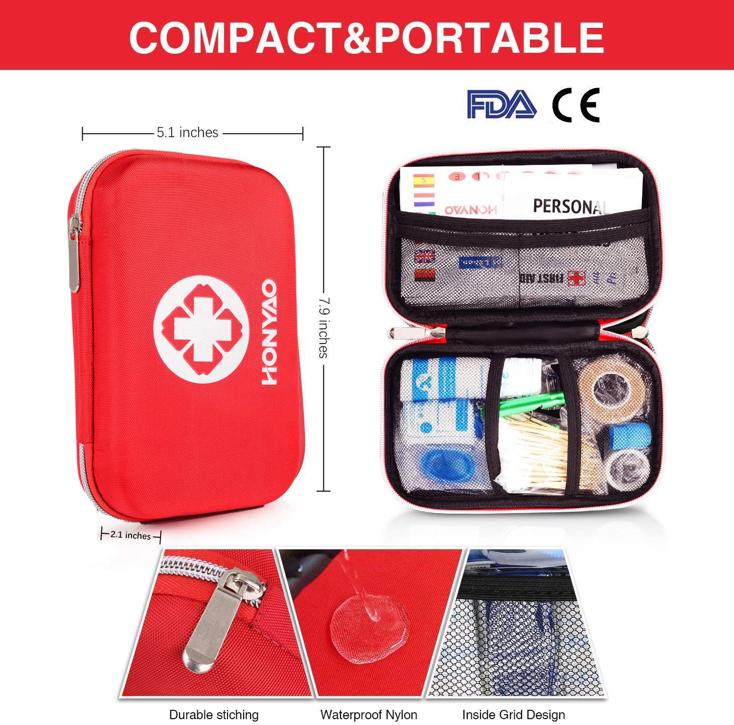 HONYAO Erste-Hilfe-Set, 200-teiliges medizinisches Survival-Kompaktset mit leichter Hartbox für Auto, Motorrad, Zuhause, Arbeitsplatz, Outdoor, Camping, Wandern, Notfall – Bild 2
