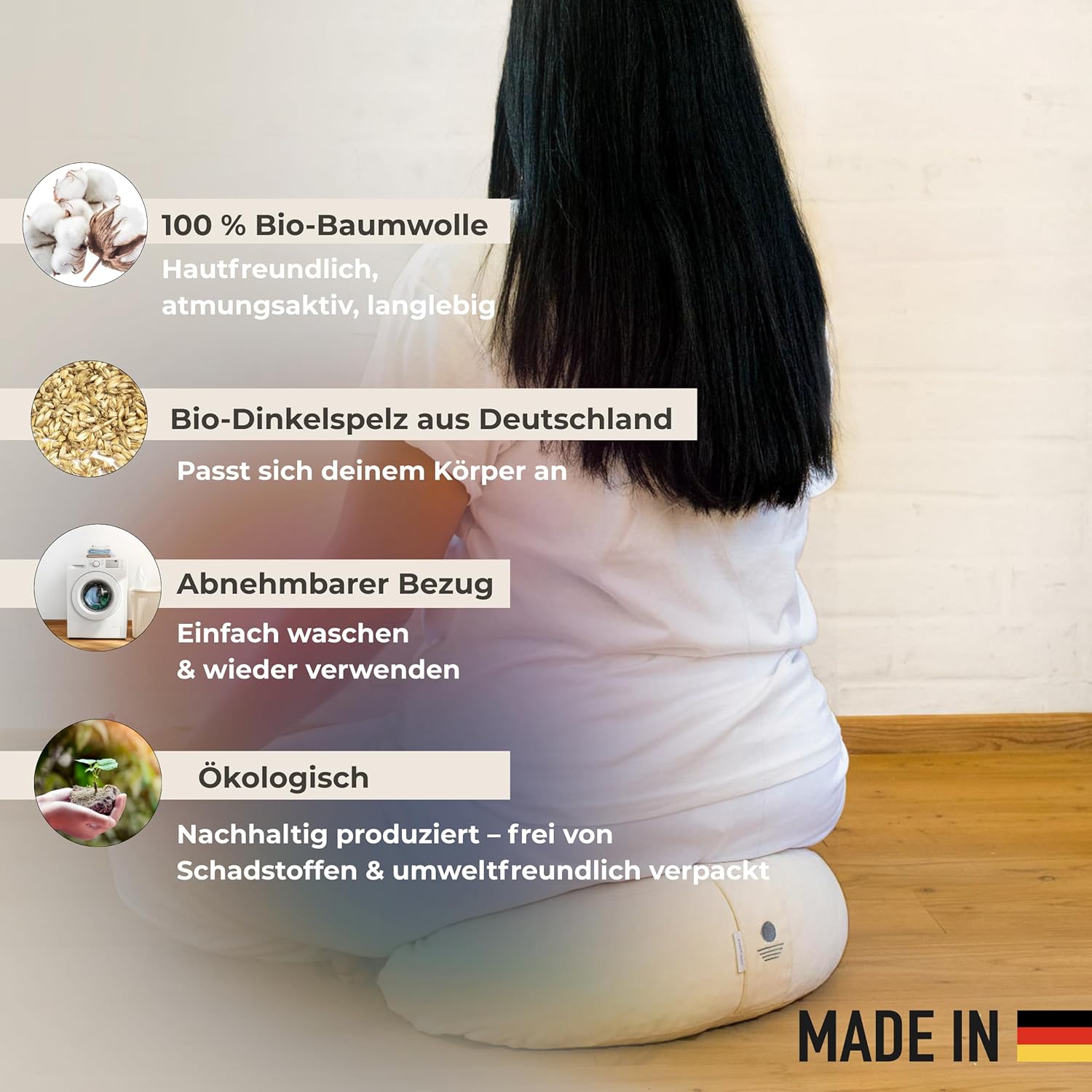 Inner Peace Halbmond-Yogakissen, Meditationskissen, hochwertiger Bezug aus 100 % Baumwolle, Yogakissen, Halbmondform mit Bio-Dinkelspelz, Halbmondkissen (natürlich) – Bild 2