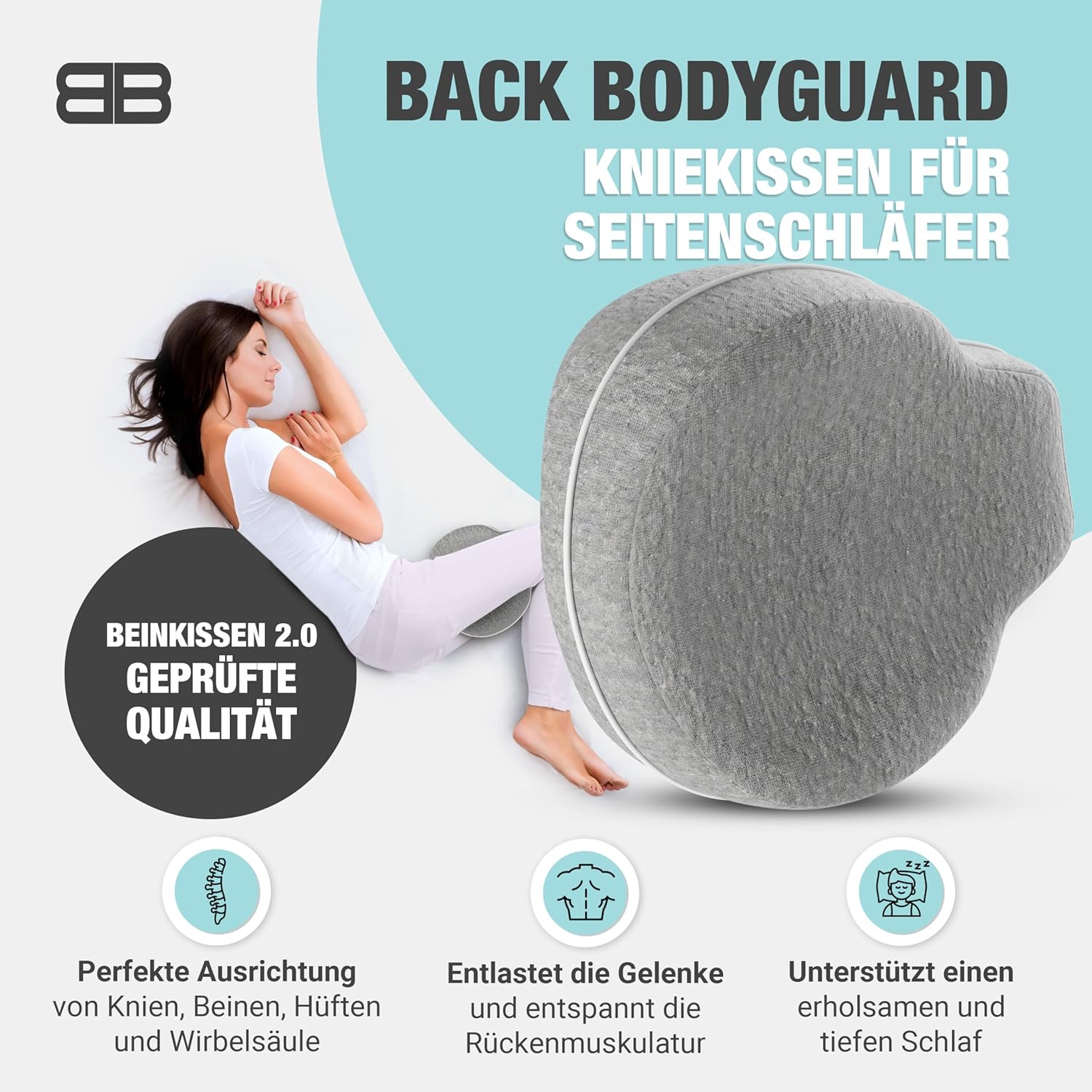 BACK BODYGUARD Kniekissen Seitenschläfer, Beinkissen, Seitenschläferkissen mit Bezug, Lagerungskissen, Beinkissen für Erwachsene, Kniekissen, Seitenschläfer, Knierolle (Kissen + grauer Bezug) – Bild 2