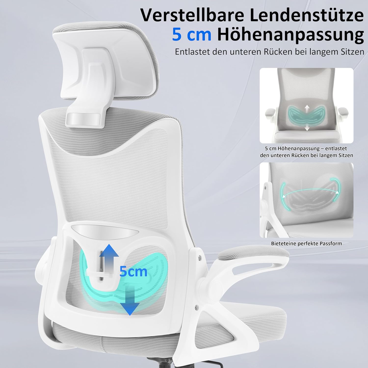 Fizzin Ergonomischer Bürostuhl, grauer Schreibtischstuhl mit verstellbarer Lendenwirbelstütze und Kopfstütze, atmungsaktives Netzgewebe für Heimbüro und professionelle Arbeitsplätze – Bild 4