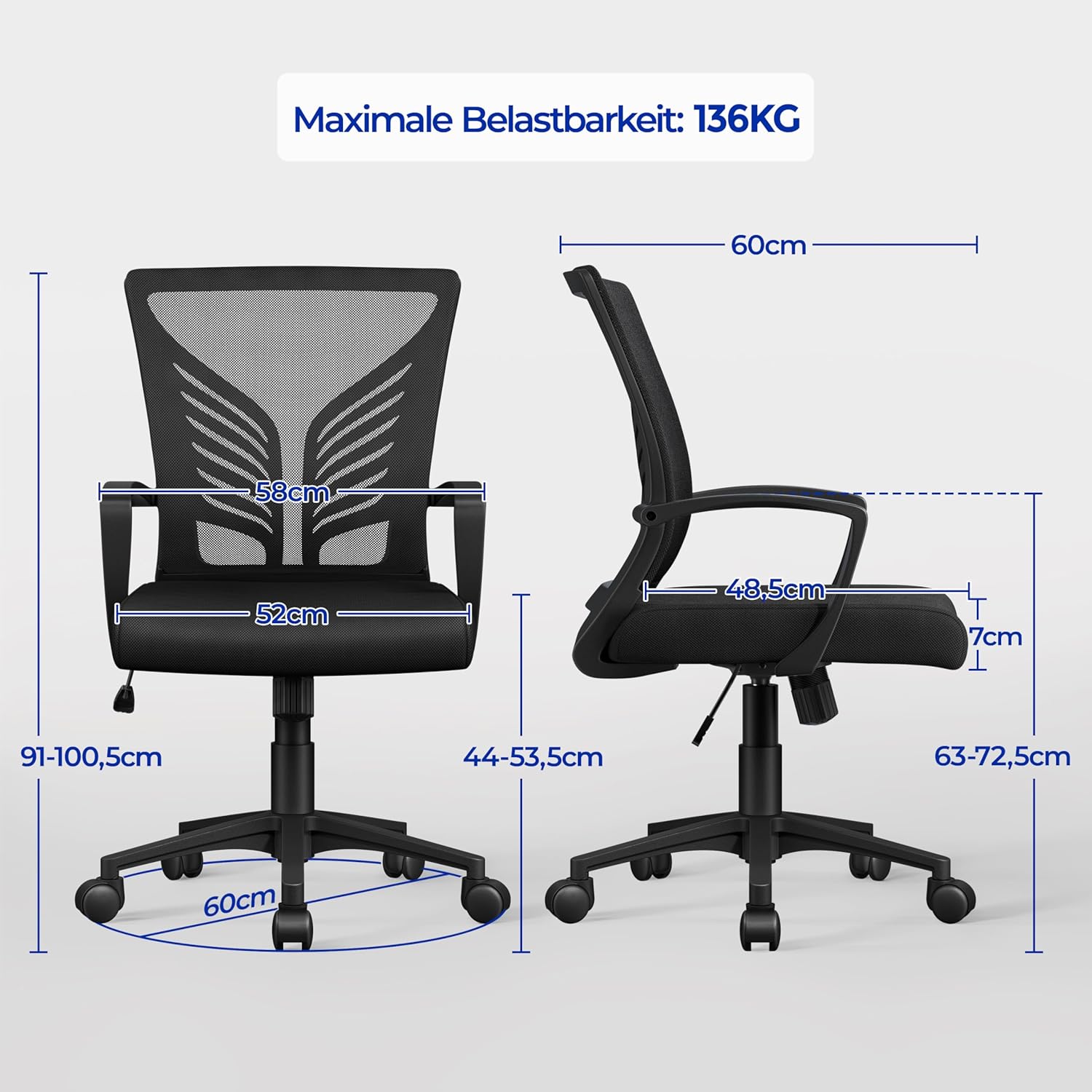 Yaheetech Bürostuhl, ergonomischer Schreibtischstuhl mit Wippfunktion, Drehstuhl mit gepolstertem Sitzkissen, Chefsessel, höhenverstellbar, für Arbeitszimmer/Büro, Schwarz – Bild 3