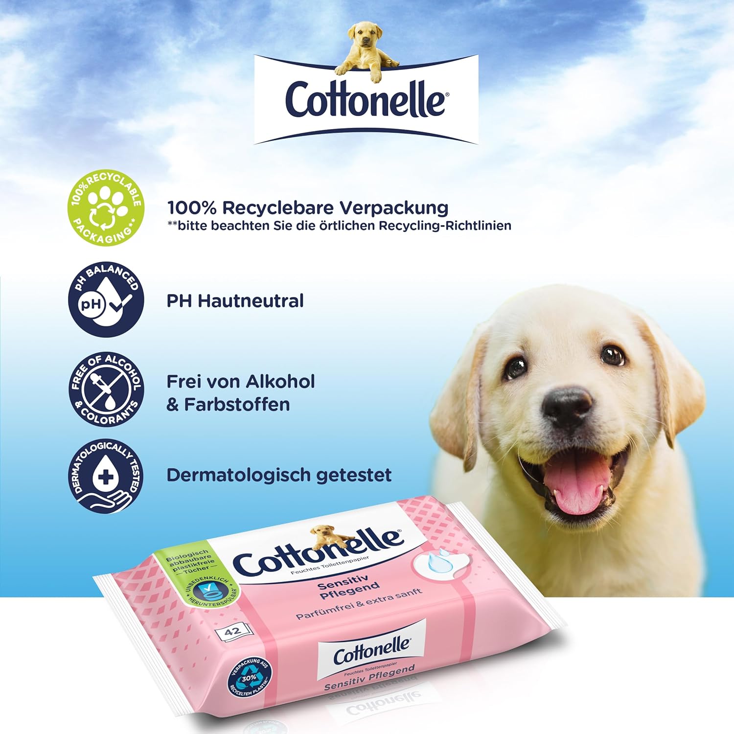 Cottonelle Feuchtes Toilettenpapier, empfindlich pflegend – parfümfrei, biologisch abbaubar, plastikfrei, wiederverschließbar, Vorteilspackung, 12 x 42 Feuchttücher – Bild 8
