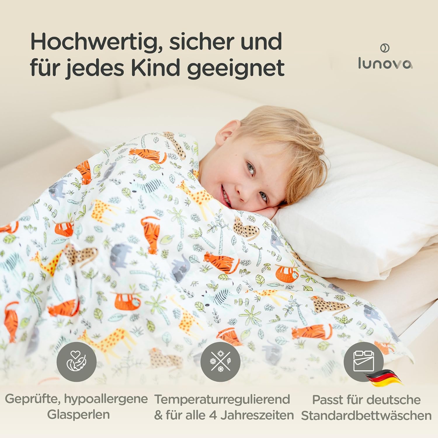 LUNOVA Gewichtsdecke Kinder | 3 kg | 100 x 135 cm – Ökotex-Baumwolle (25–35 kg Körpergewicht), waschbare Therapiedecke, Entspannungsdecke, entspannter Schlaf – Tierwelt – Bild 6