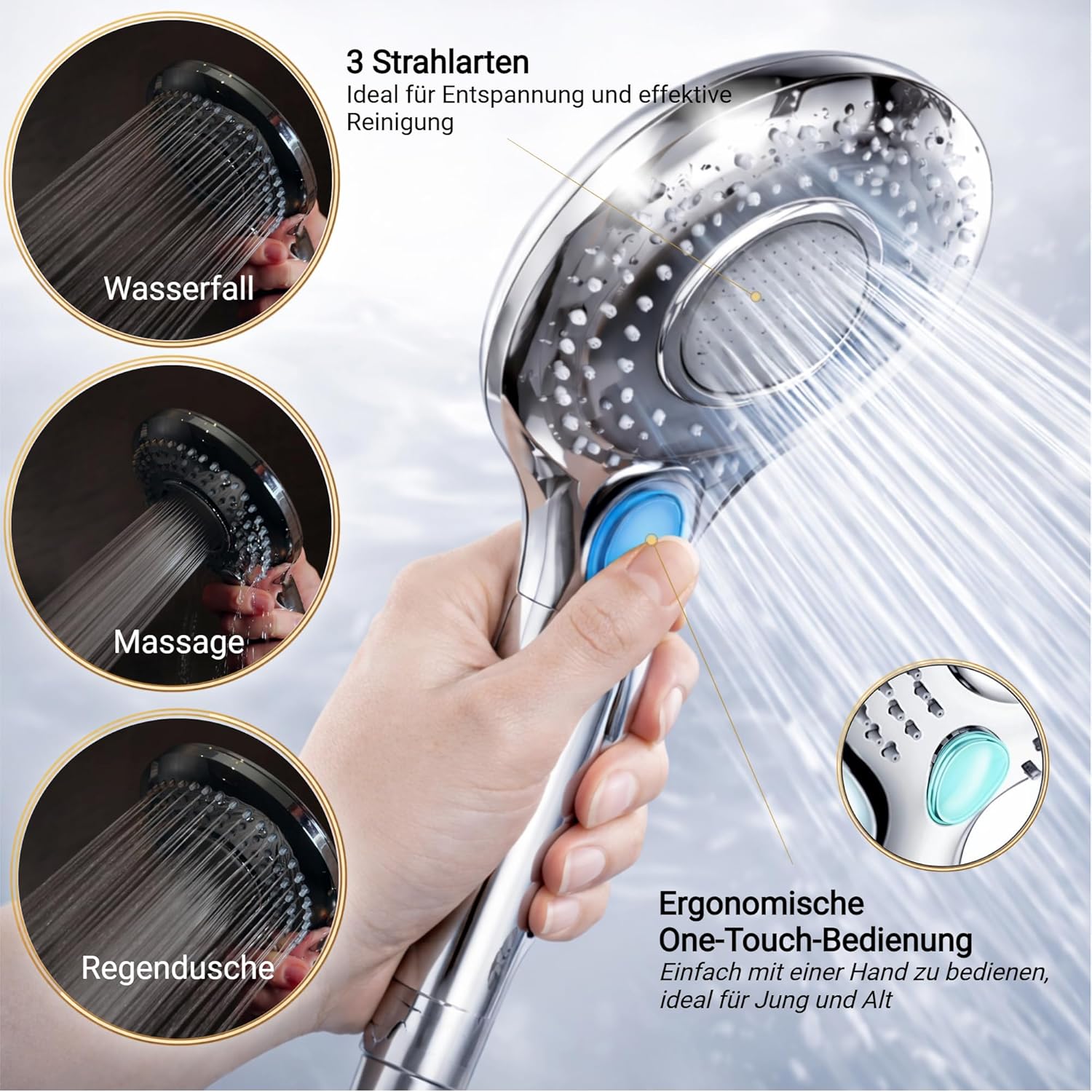 Duschkopf mit Filter – Regendusche mit Kalkfilter, 3 Wassersparstufen, universeller Duschkopf mit hohem Wasserdruck, wassersparender Duschkopf, Duschfilter, Chrom – Bild 2