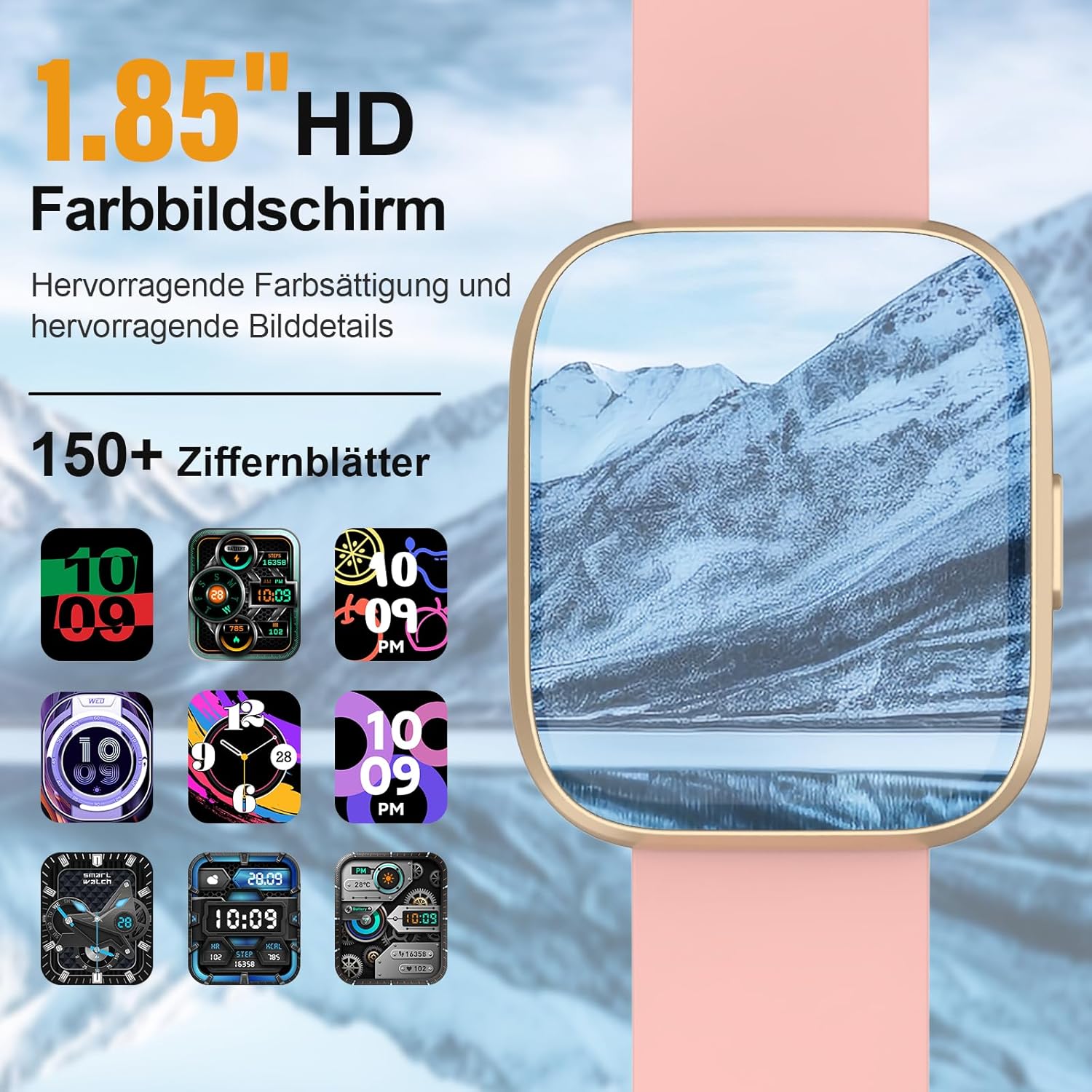Smartwatch Damen Herren, 1,85 Zoll Touchscreen Smartwatch mit Anrufen, 112 Sportmodi, Fitnessuhren mit Herzfrequenzmesser/Schlafmonitor/Schrittzähler, IP68 wasserdichte Sportuhren für Android, Pink – Bild 4