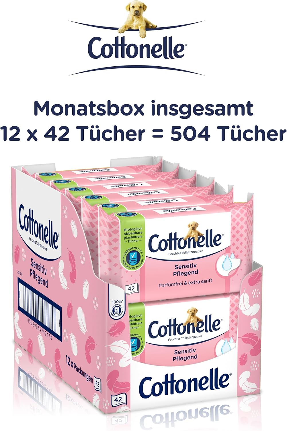 Cottonelle Feuchtes Toilettenpapier, empfindlich pflegend – parfümfrei, biologisch abbaubar, plastikfrei, wiederverschließbar, Vorteilspackung, 12 x 42 Feuchttücher – Bild 7