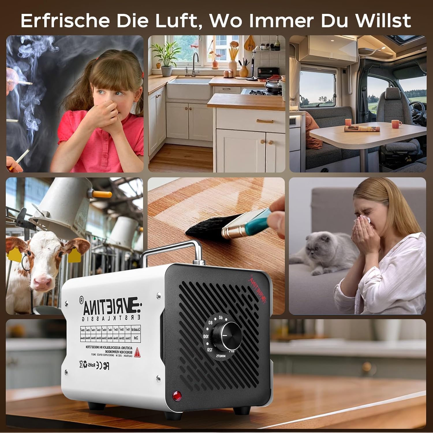 Ozongenerator O3 100.000 mg/h, industrielles Ozongerät für 300㎡ (120-Minuten-Timer 35 dB, 3 m³/min, 80–150 W), Ozonisator O3, Ozon-Luftreiniger, Geruchsbeseitiger für Autorauch, Zuhause, Hotel, Küche, Haustiergerüche – Bild 4