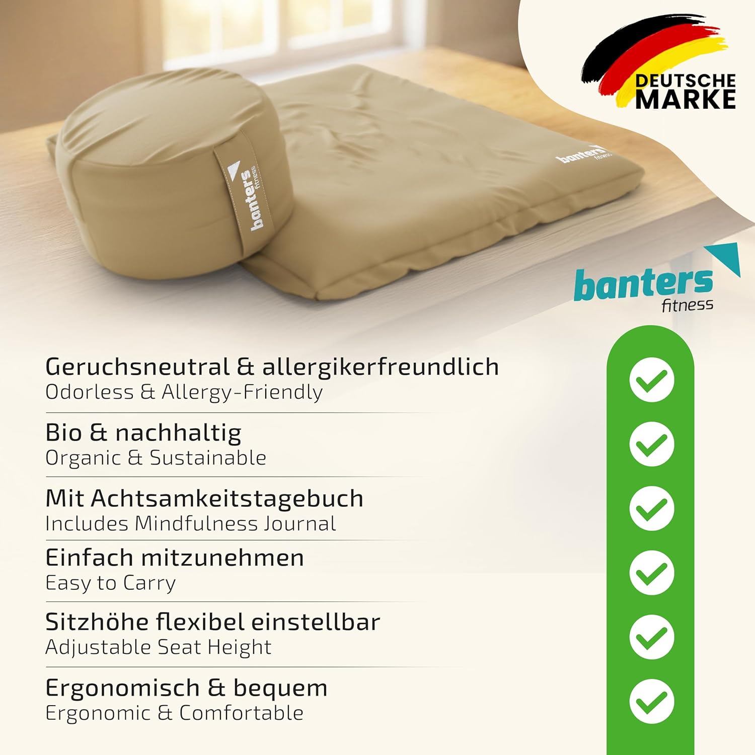 banters Meditationskissen Rund, Zafu Sitzkissen mit Kapok Füllung & Bio Baumwolle Bezug, 35x20 cm, inkl. Tagebuch (Sand) – Bild 7