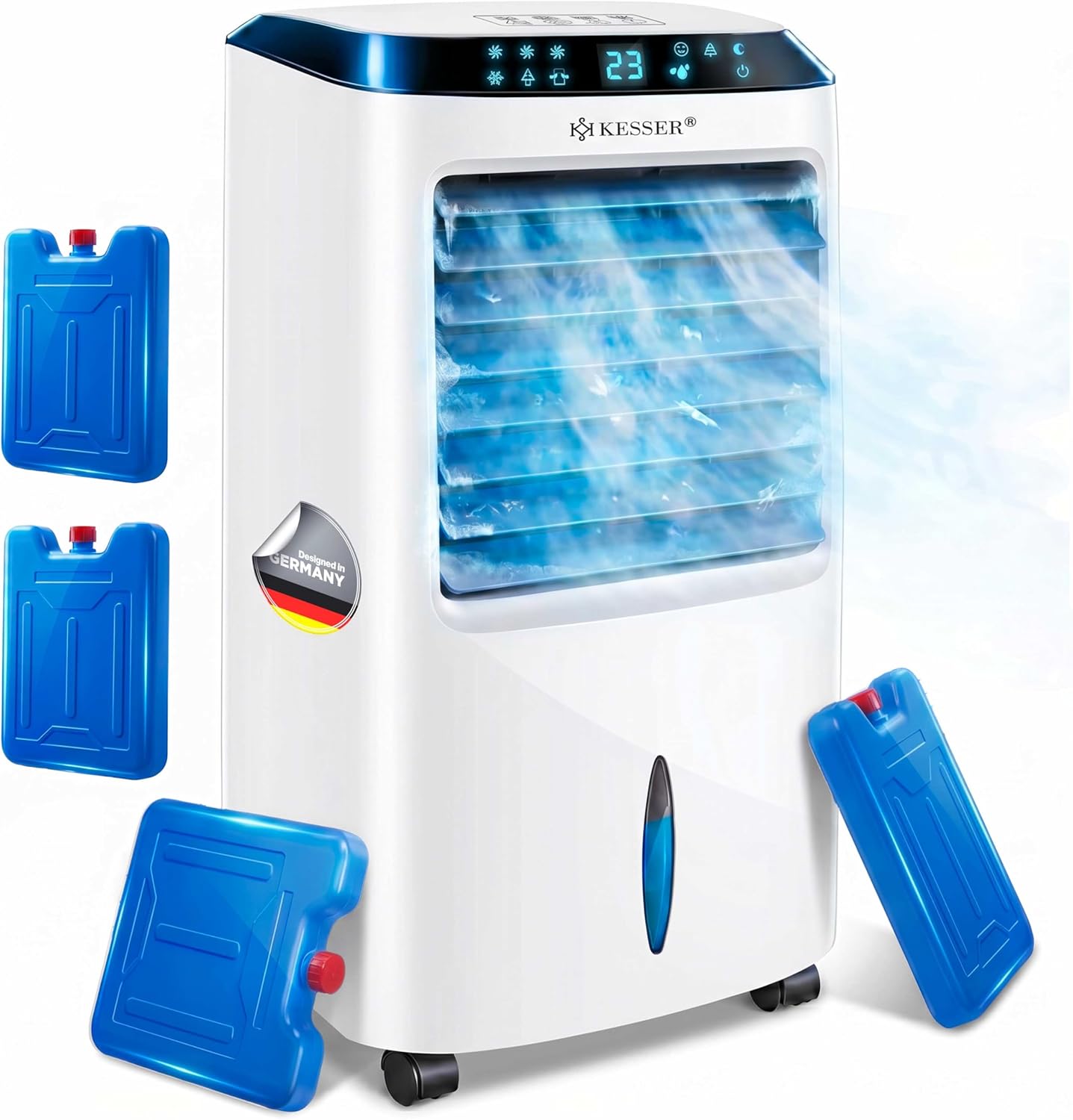 KESSER® Mobile Klimaanlage 4in1 Luftkühler – Air Cooler mit Fernbedienung & Timer, 10L Wassertank, Ionisator & Luftbefeuchter, Ventilator Klimagerät ohne Abluftschlauch, 3 Stufen inkl. Kühlakkus
