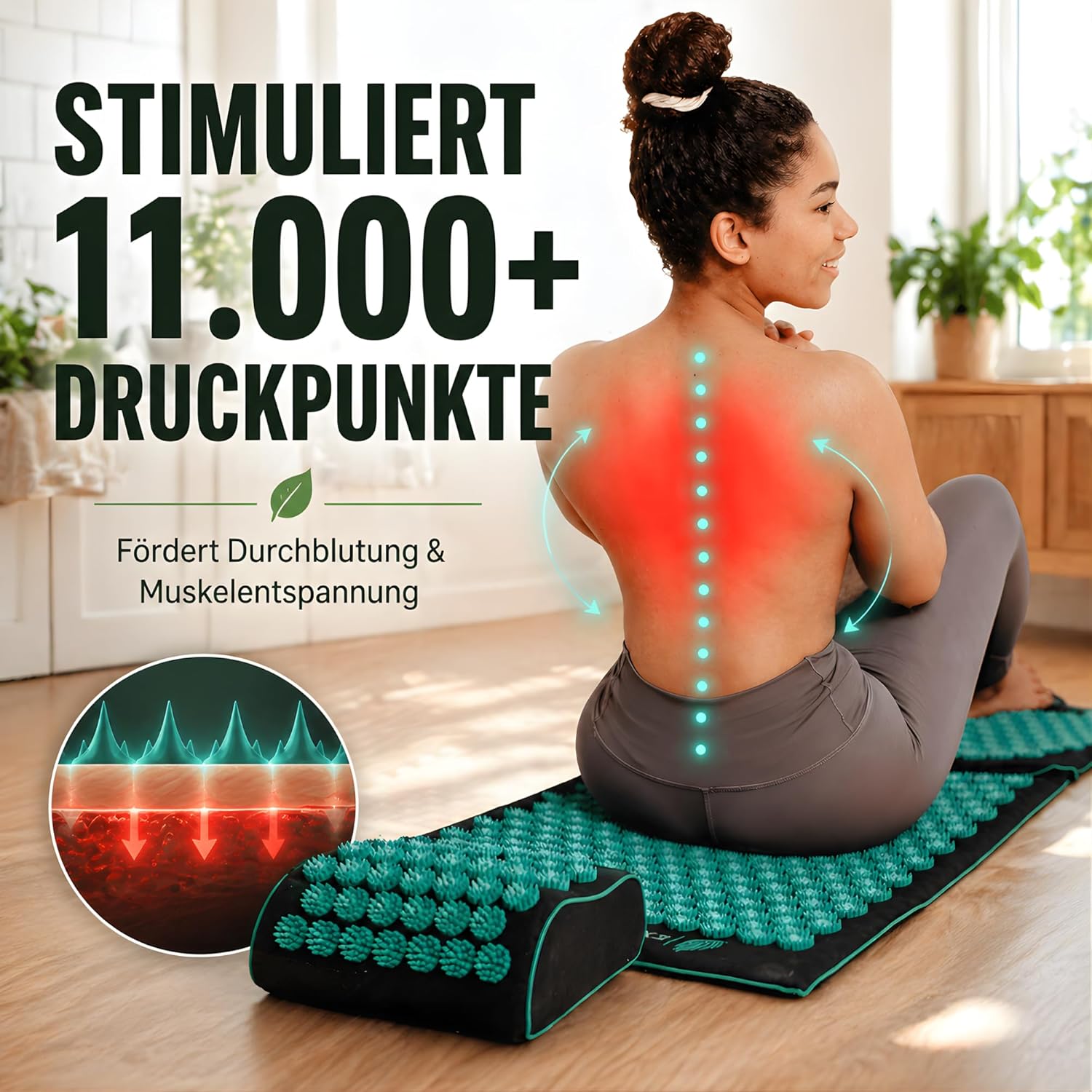 Original Akupressurmatte 6-in-1 Premium-Set aus Naturfasern – Rücken- & Nackenmassage gegen Stress & Verspannungen | Mit Kissen & Massageball | Spüren Sie den Unterschied – Bild 5