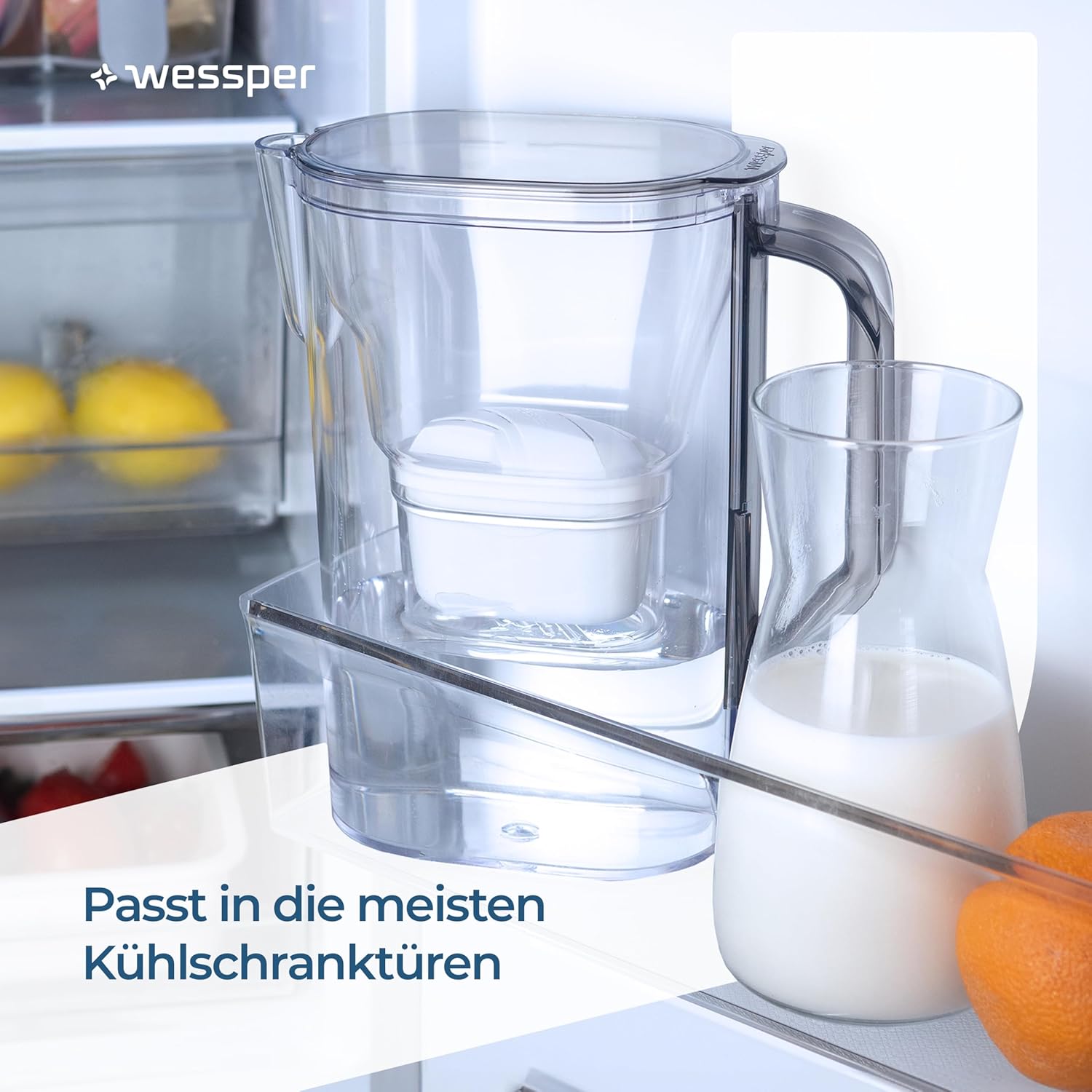 Wessper Wasserfilterkanne mit Filter, Kühlschranktürkanne 2,7 Liter, Filterkartuschen mit Aktivkohle und Ionenaustauschharz, Set Kanne und 6 Wasserfilter, Schwarz – Bild 8