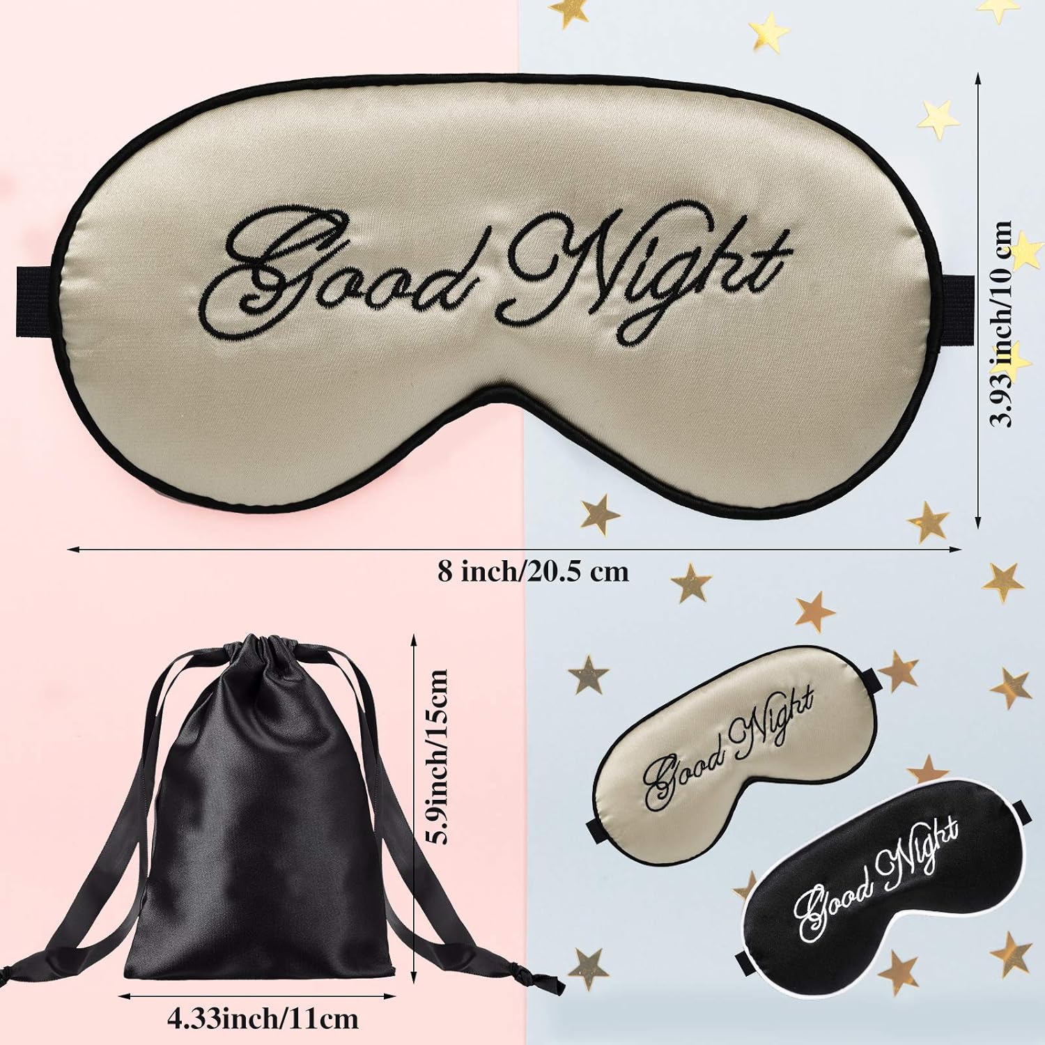 2 Stück Seiden-Schlafmaske, Augenabdeckung, leicht verstellbare Augenschirme, Maske, Satin, schlafende Augen, blinde Nacht-Lidschatten-Abdeckung mit 2 Stück Aufbewahrungsbeuteln (Beige, Schwarz) – Bild 4