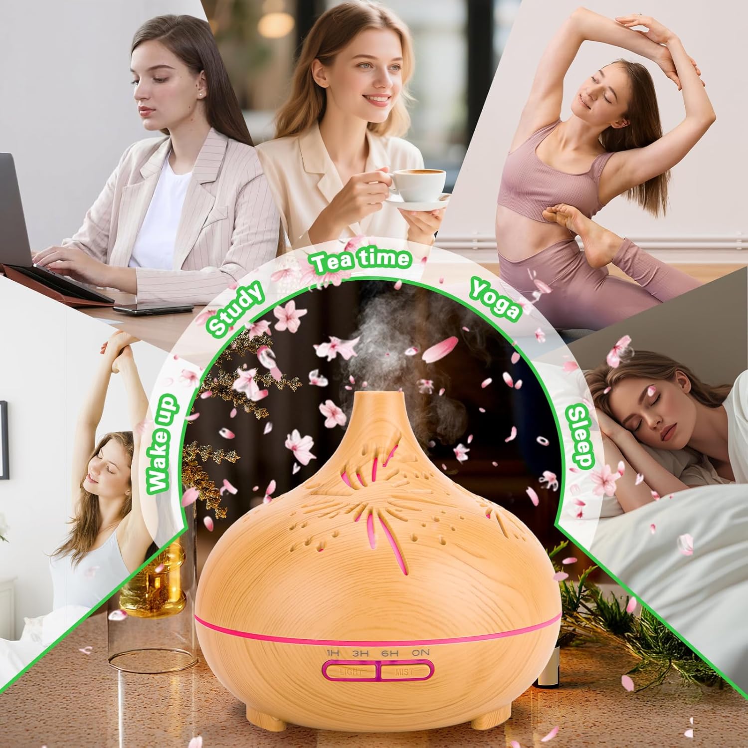 Aromadiffusor 550 ml, Ultraschall-Luftbefeuchter in Holzoptik mit Fernbedienung, 7 LED-Farben mit Dimmung & Helligkeit, Timer 1/3/6H, Aromatherapie-Diffusor für Schlafzimmer, Wohnzimmer, Yoga & Büro – Bild 3