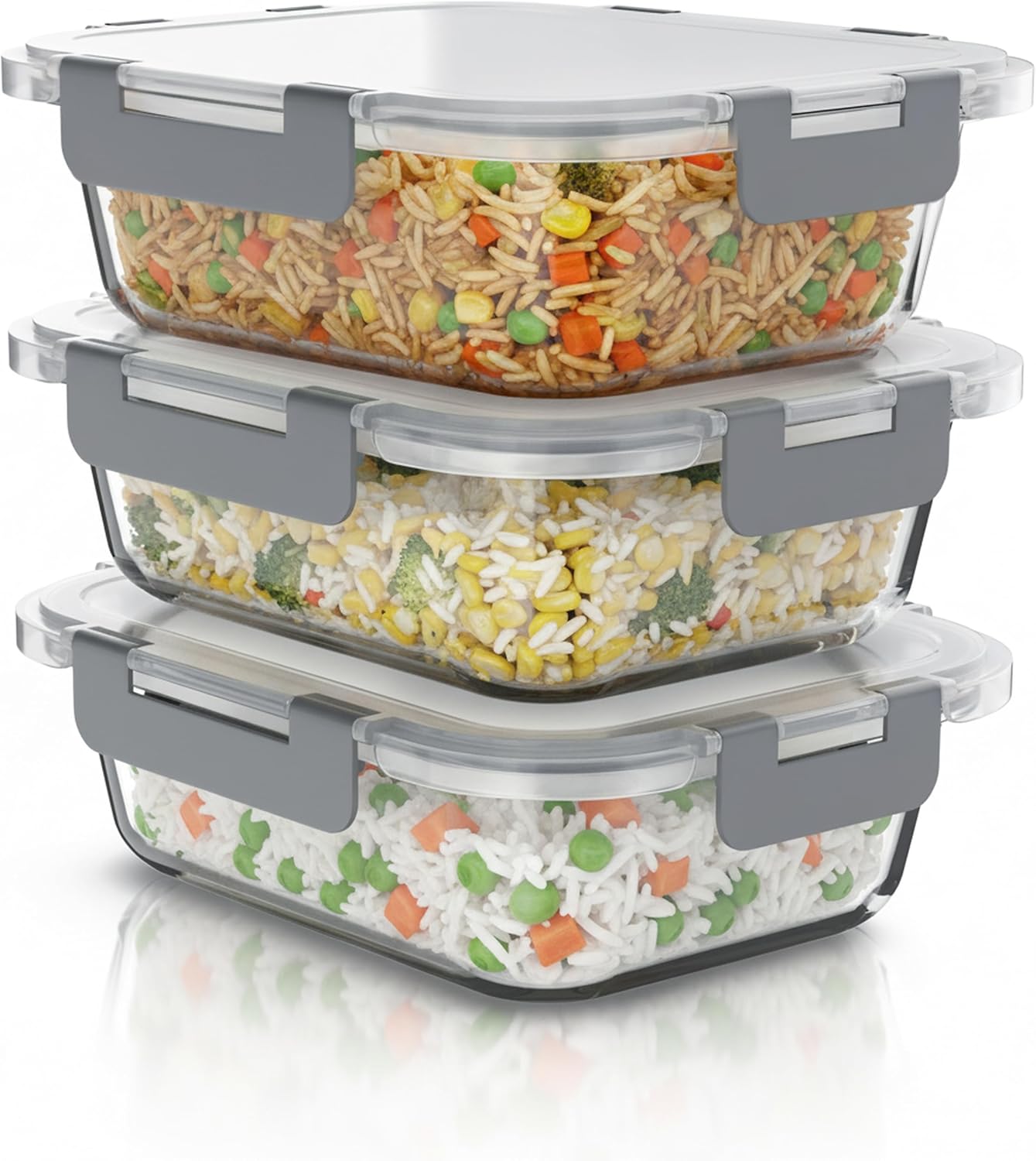 Arendo – Lunchboxen aus Glas – Frischhaltedosen mit luftdichtem Deckel – 3er-Set – 1000 ml – für Mikrowelle, Backofen, Gefrierschrank – spülmaschinenfest – Vorratsgläser, Meal-Prep-Boxen-Set