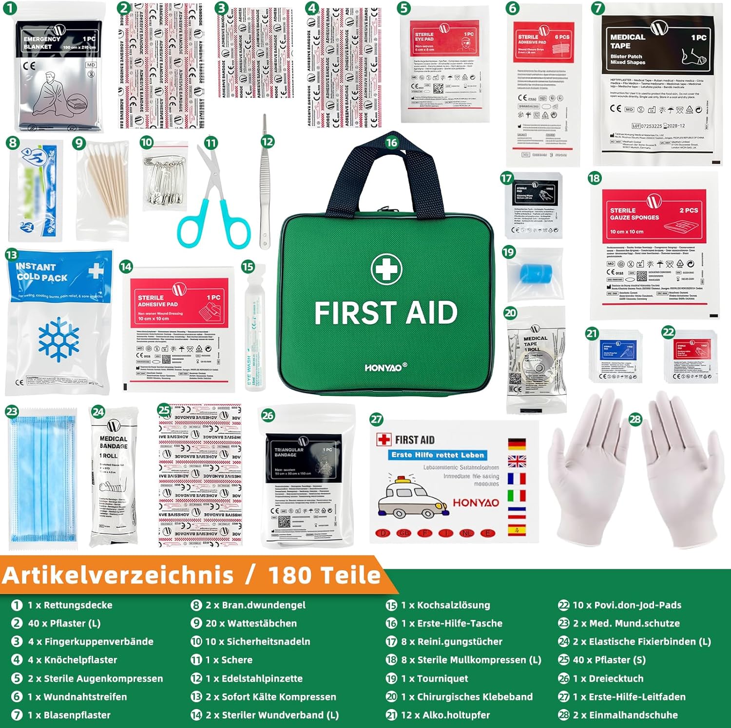 HONYAO Erste-Hilfe-Set, 180-teilig, Erste-Hilfe-Set für Zuhause, Kinder, Outdoor, Reisen, Camping, Wandern, Arbeitsplatz, Sport-Erste-Hilfe-Set, Grün – Bild 2