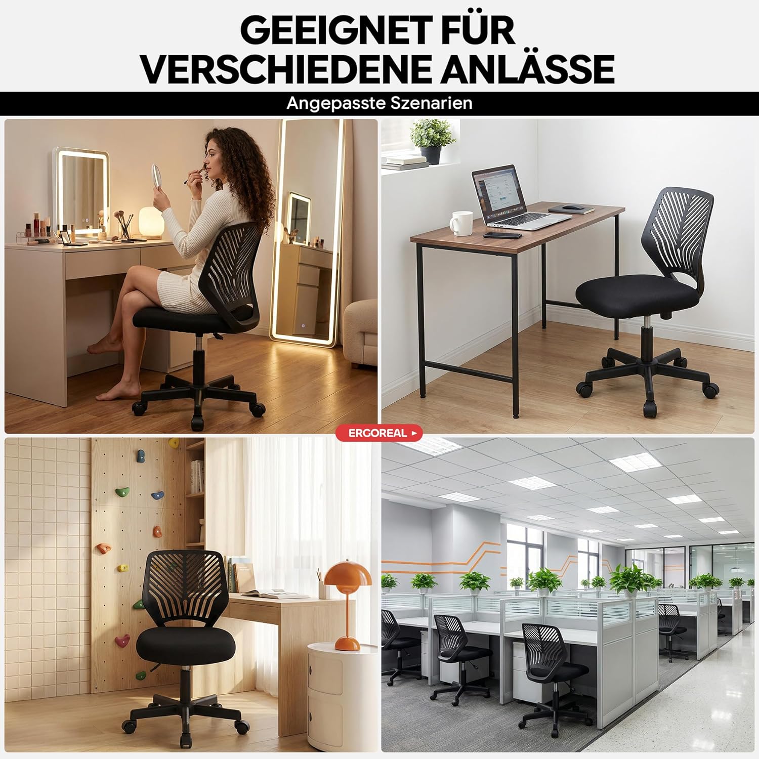 Ergonomischer Bürostuhl ohne Armlehne, Bürostuhl mit Rollen und Höhenverstellung, gemütlicher Bürostuhl mit ergonomischer Rückenlehne, Heimbüro/Arbeitszimmer/Arbeitszimmer (Tiefschwarz) – Bild 9